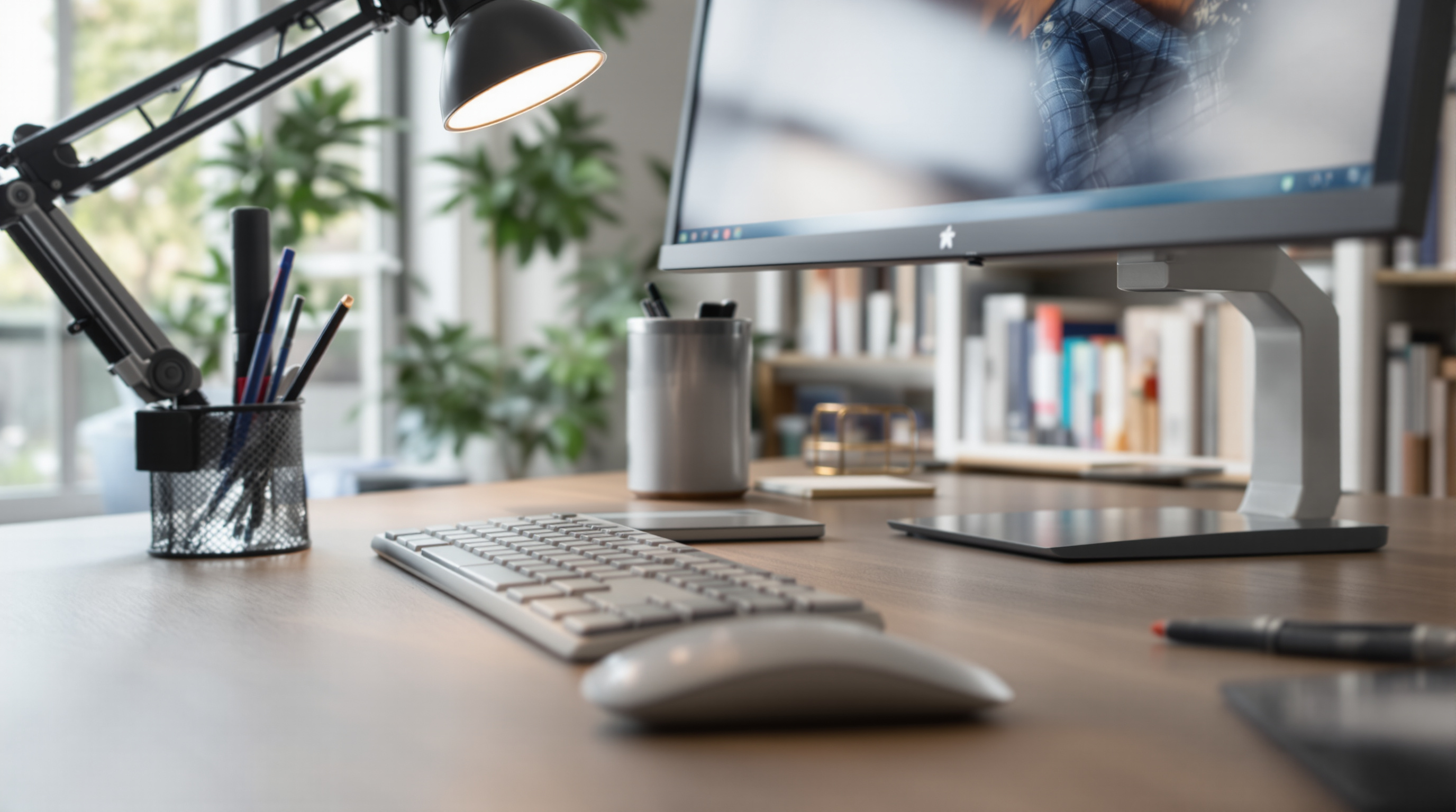 Detalhe de mesa ergonômica para escritório em casa com monitor posicionado corretamente e iluminação de tarefa