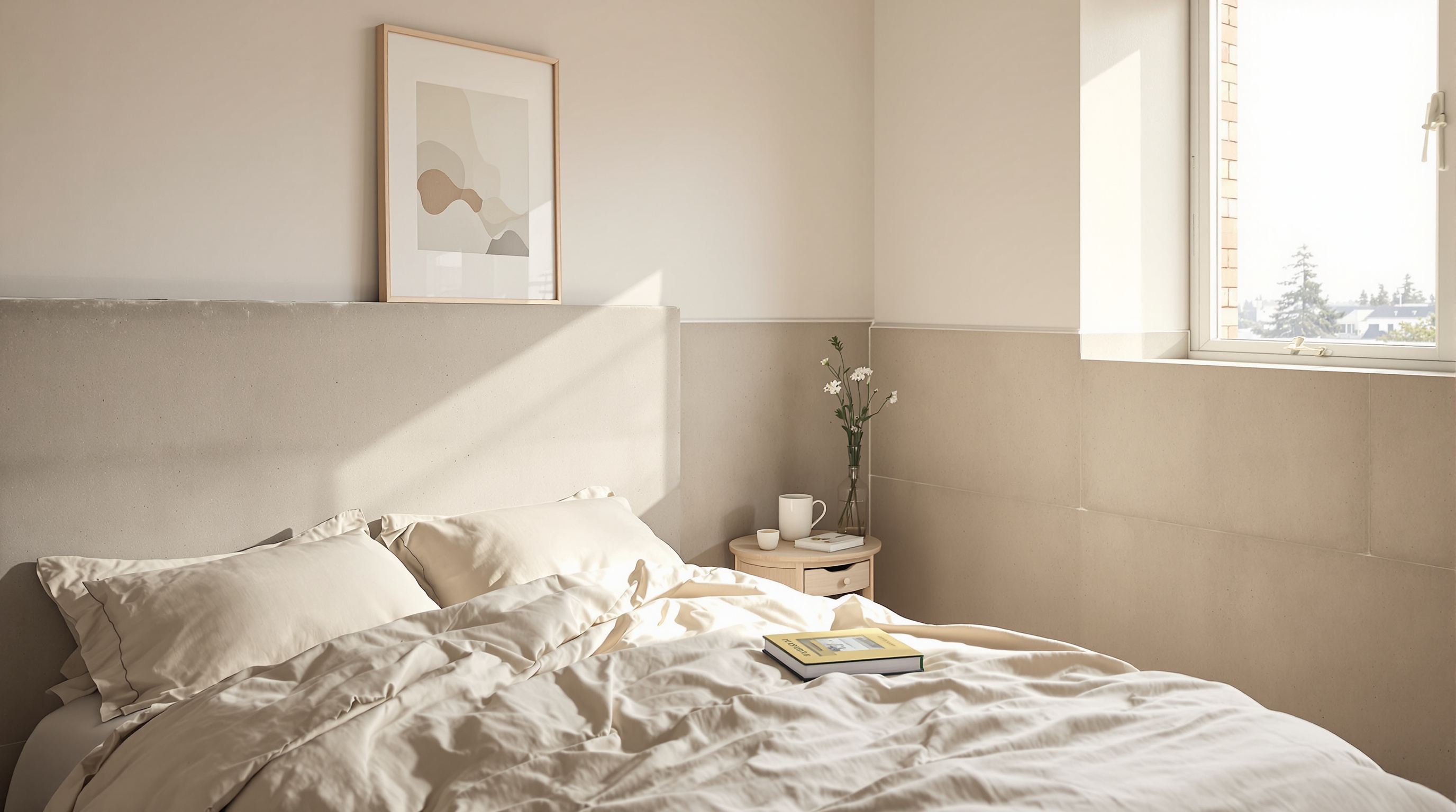Quarto com minimalismo aconchegante, materiais naturais e luz difusa