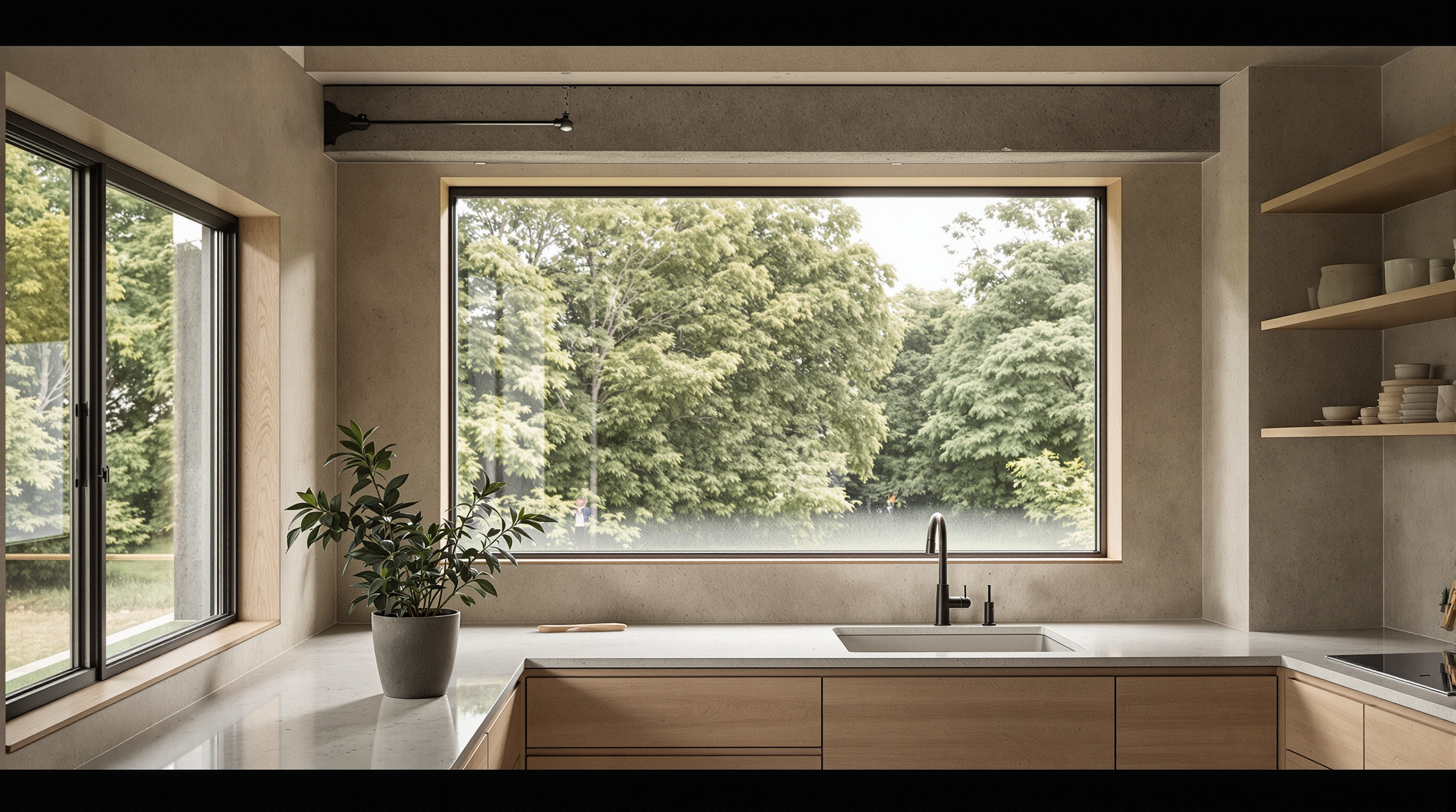 Cozinha minimalista orgânica com madeira, pedra e integração com exterior