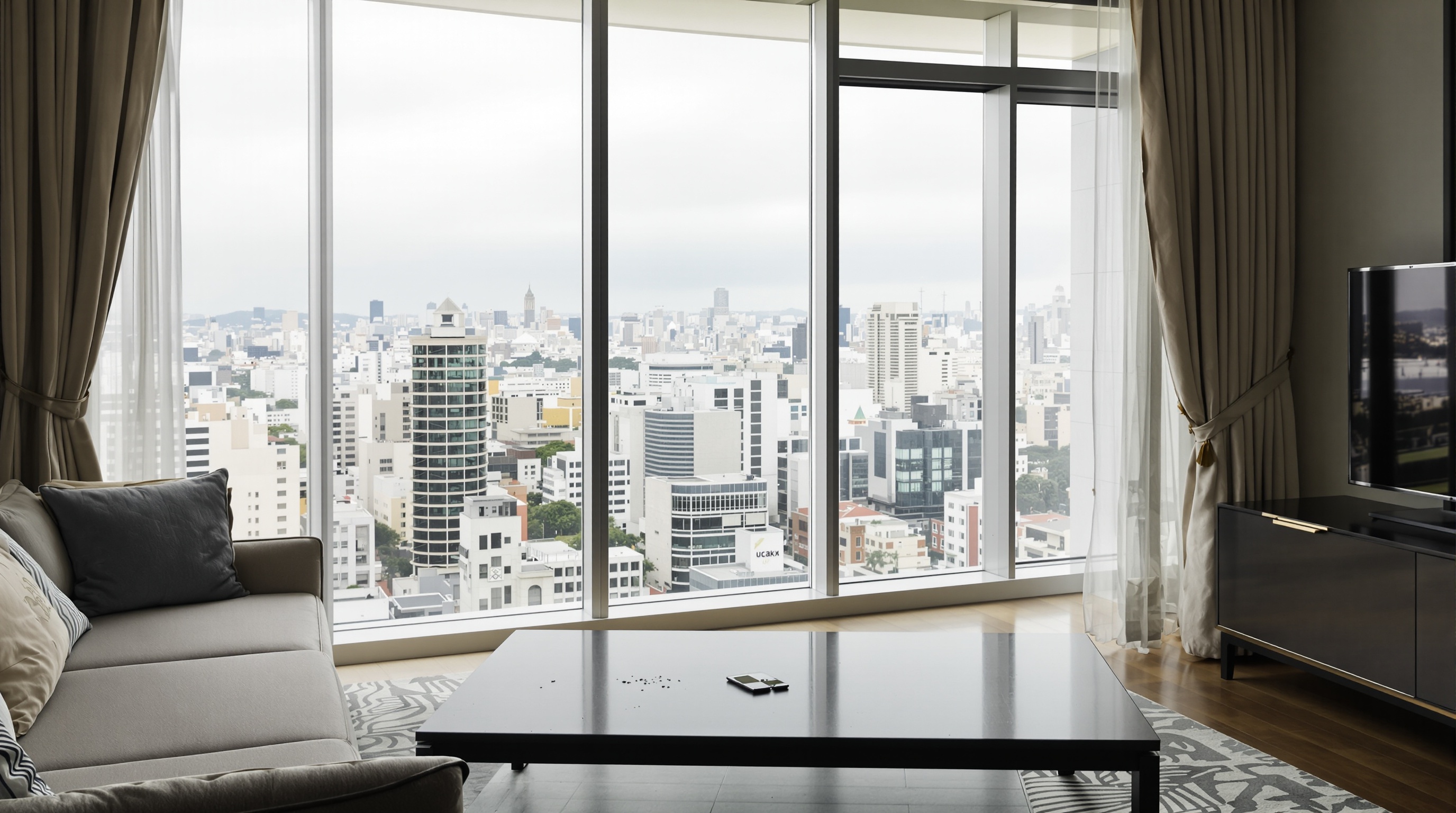 Sala de estar de imóvel exclusivo com vista para São Paulo e ambientes sofisticados