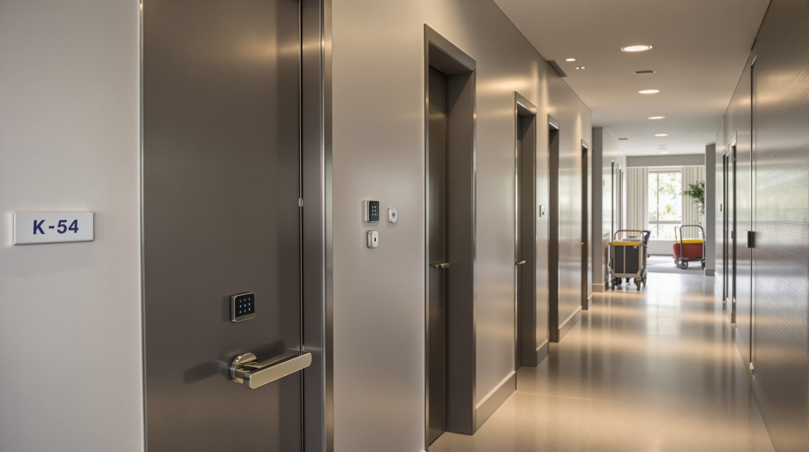 Corredor de condomínio de luxo com fechaduras digitais inteligentes em portas de acesso, iluminação ambiente e acabamentos contemporâneos