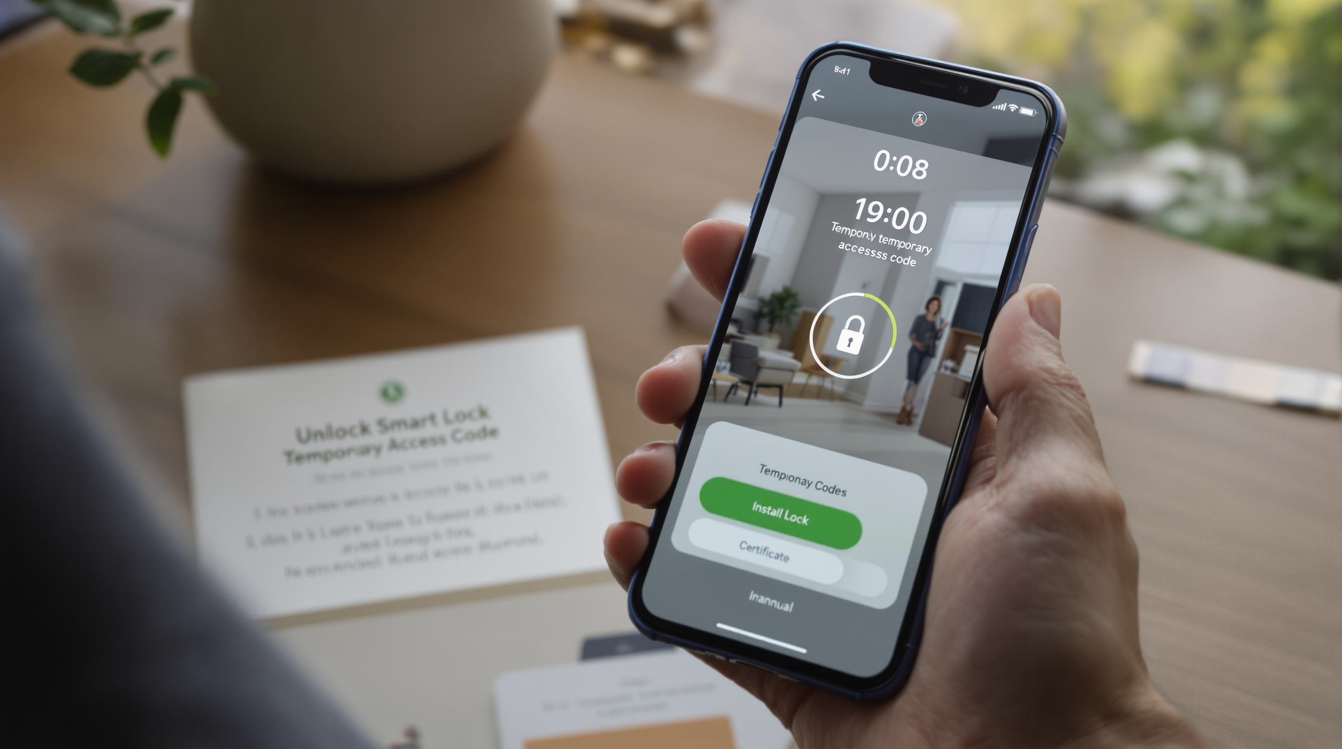 Tela de smartphone com aplicativo de fechadura digital exibindo código de acesso temporário e controle remoto de entrada