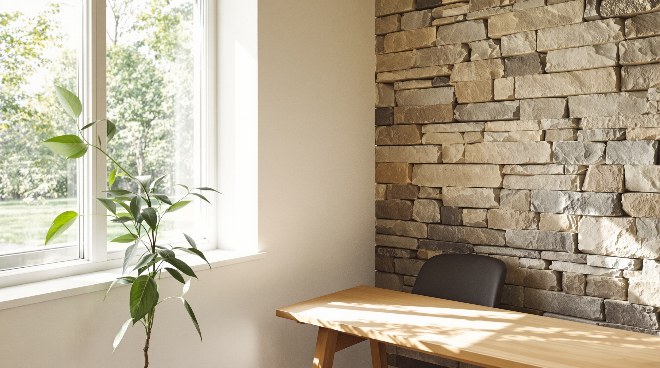 Interior de escritório em mansão de luxo com parede de pedra, luz natural lateral, móvel com apoio sólido, plantas vivas — alinhamento feng shui shui
