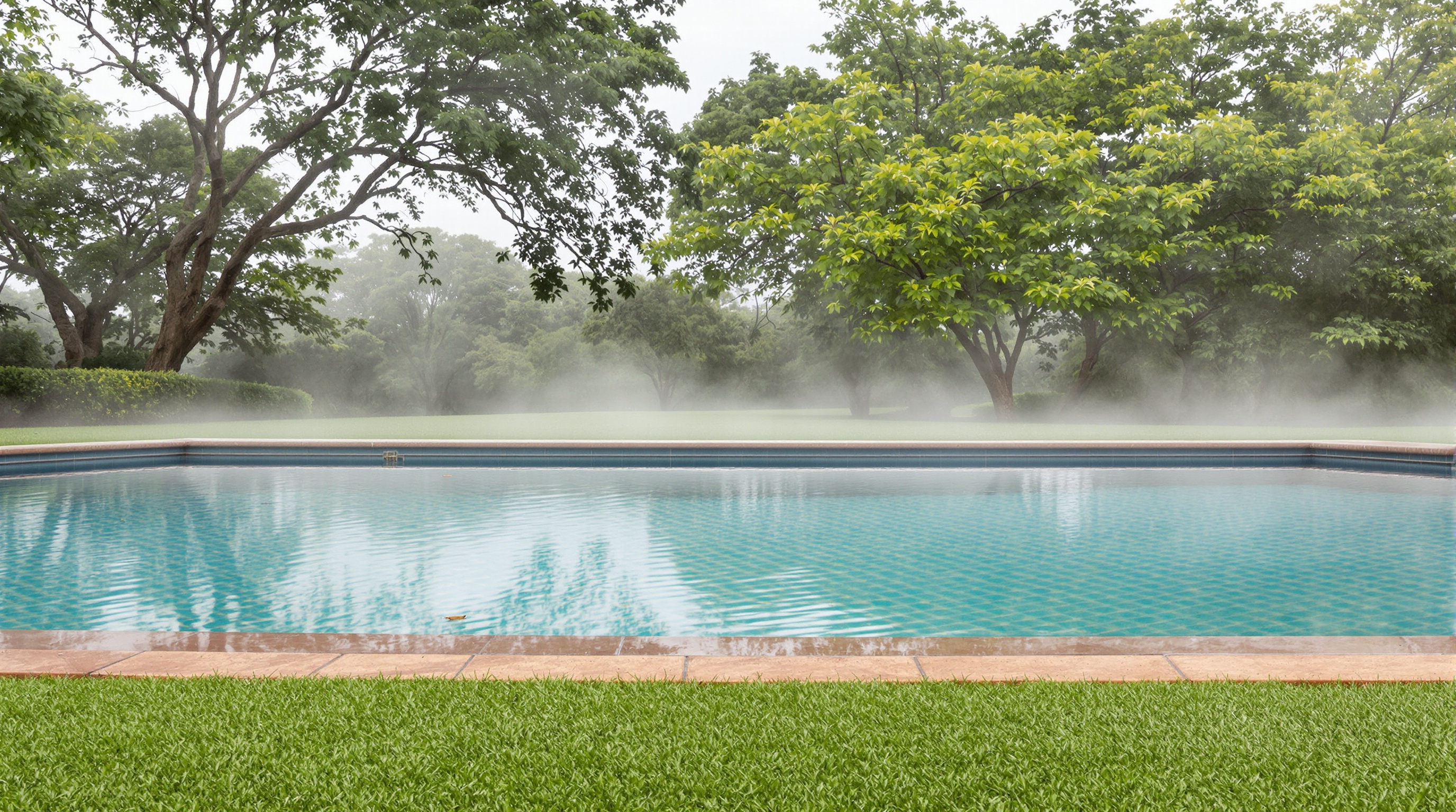 Piscina integrada a paisagem natural de condomínio Fazenda Boa Vista com pedras, água em movimento, árvores ao fundo — feng shui shui em área externa