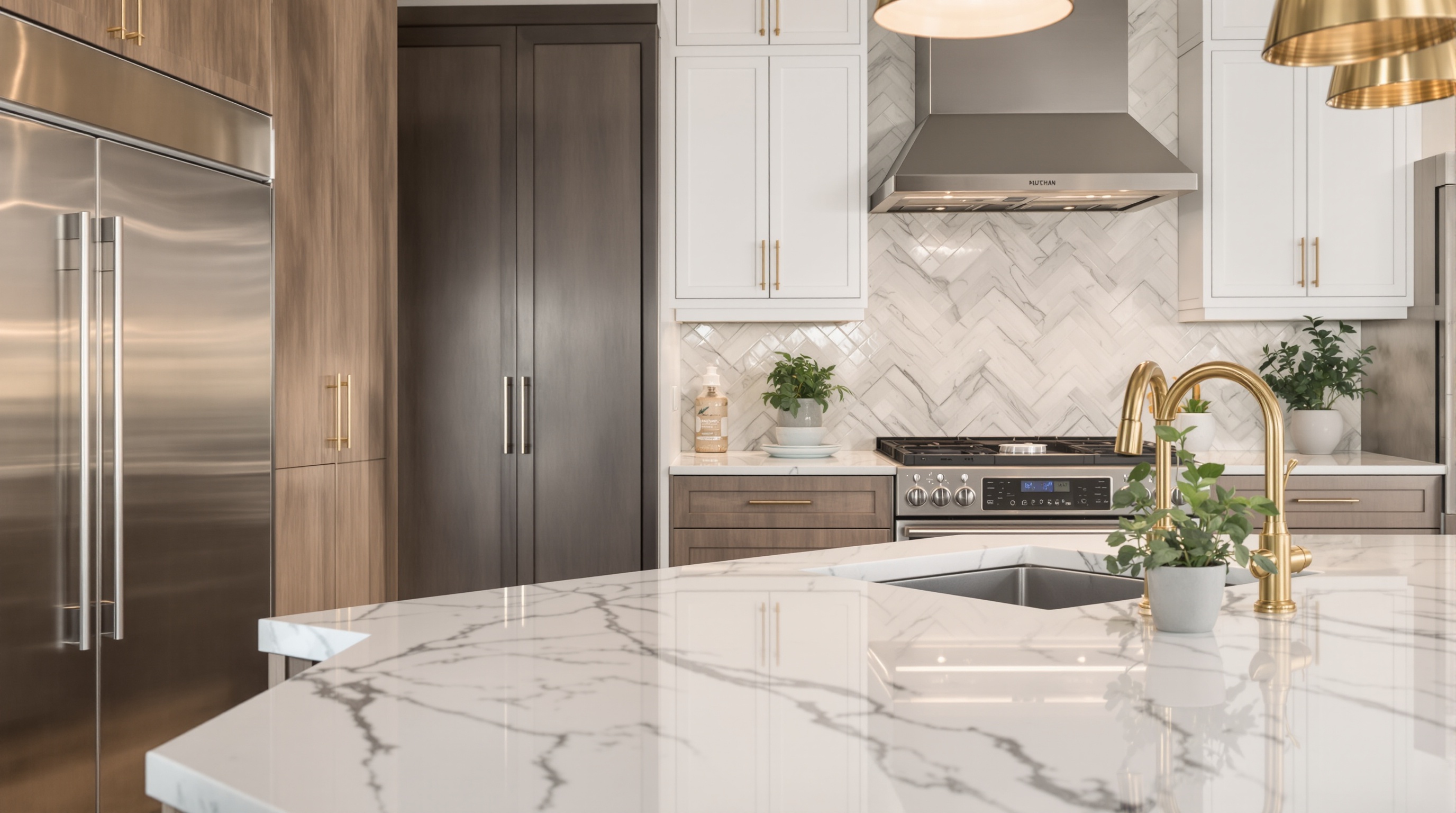 Cozinha gourmet integrada com bancada de mármore e iluminação sob medida em projeto de sofisticação
