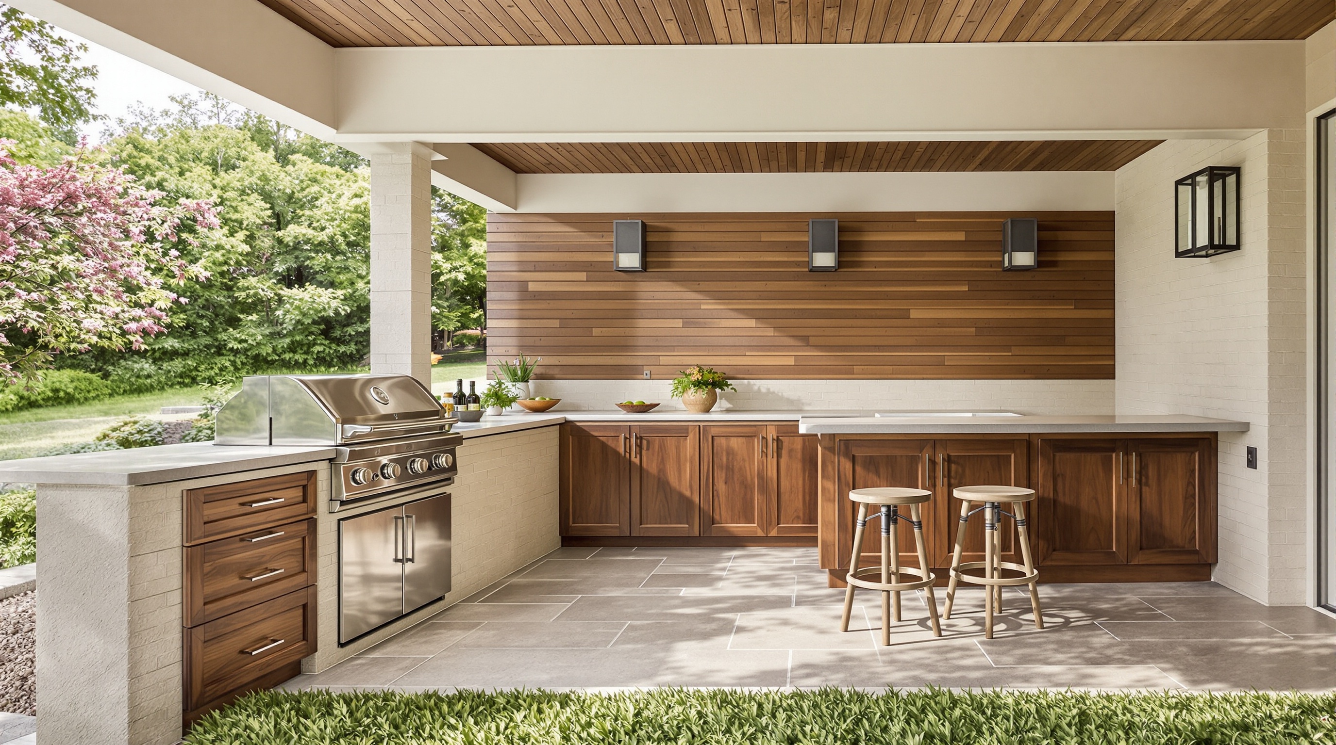 Área gourmet externa com churrasqueira integrada e bar em marcenaria — elemento de sofisticação em projeto residencial