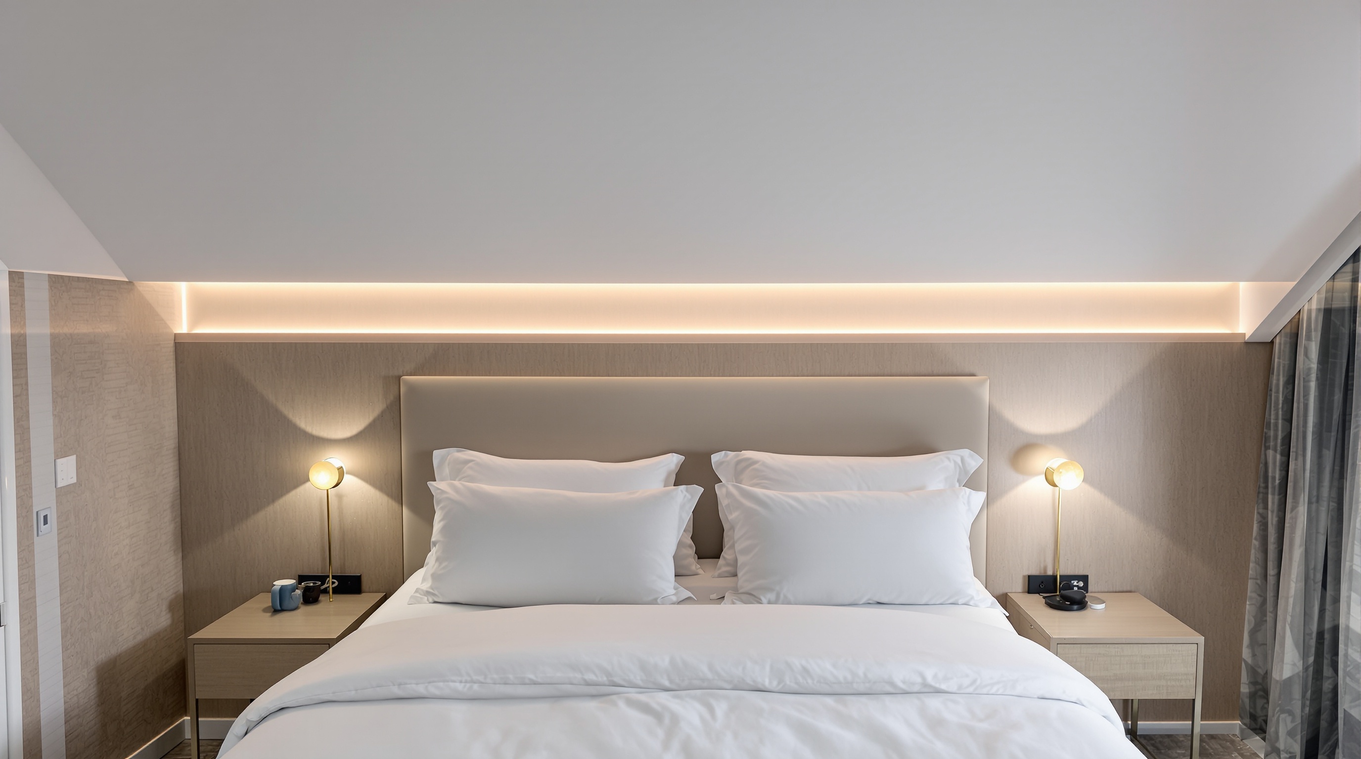 Leito em quarto de alto padrão com iluminação em camadas: luz indirecta em sanca, arandelas laterais e luz natural filtrada.