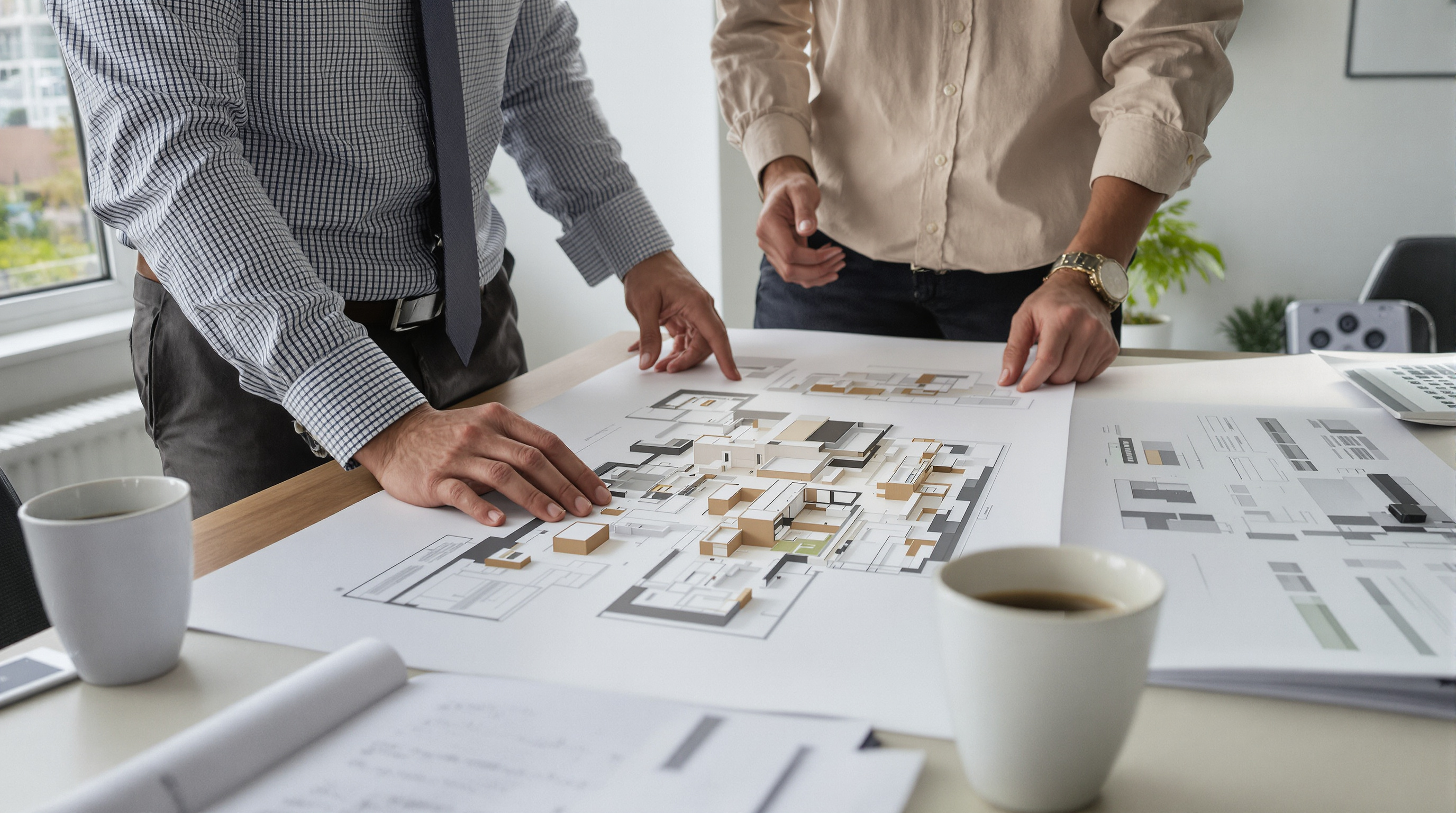 Consultor imobiliário analisando plantas e projeto de imóvel na planta com cliente