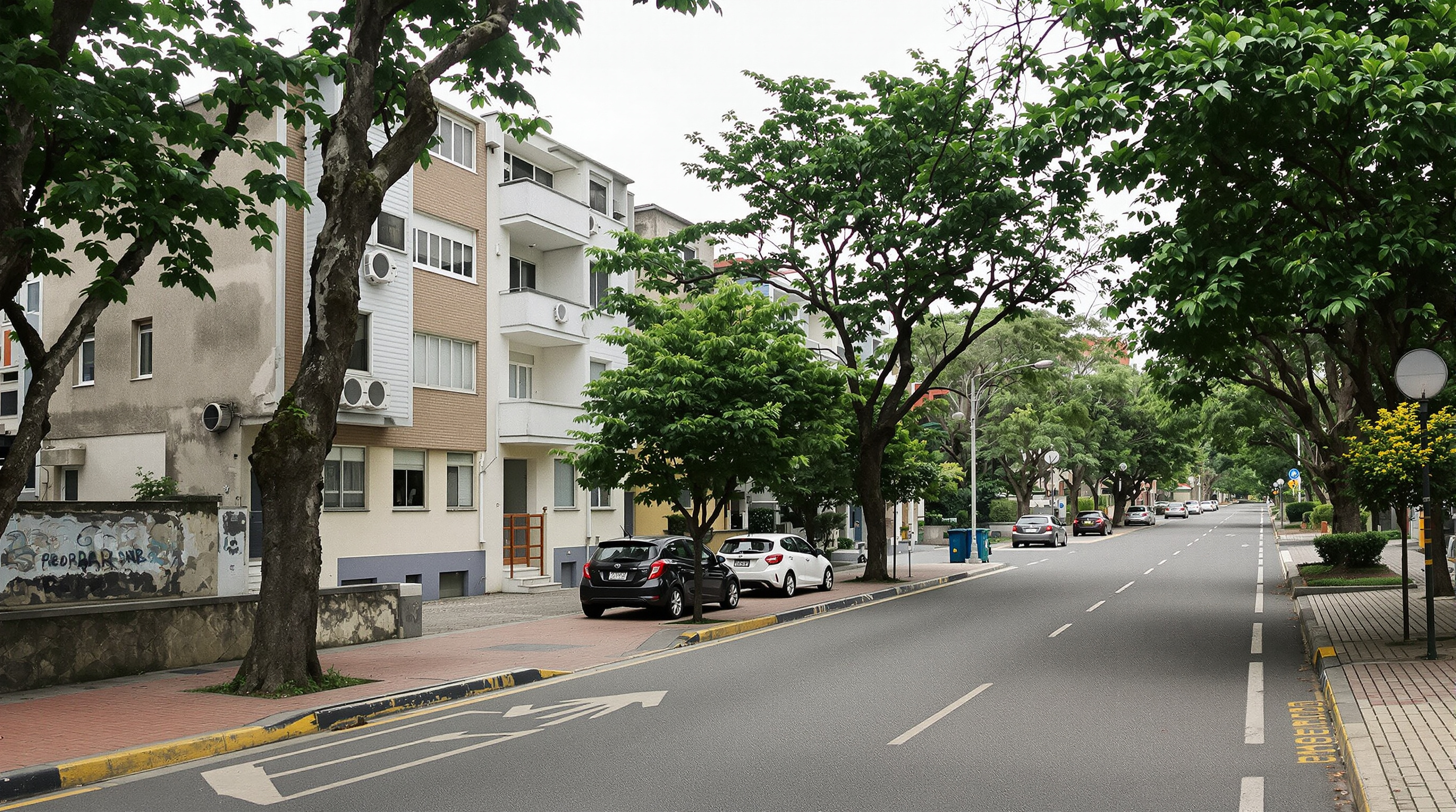 Rua de bairro residencial premium em São Paulo com edifícios e preço de m² em destaque
