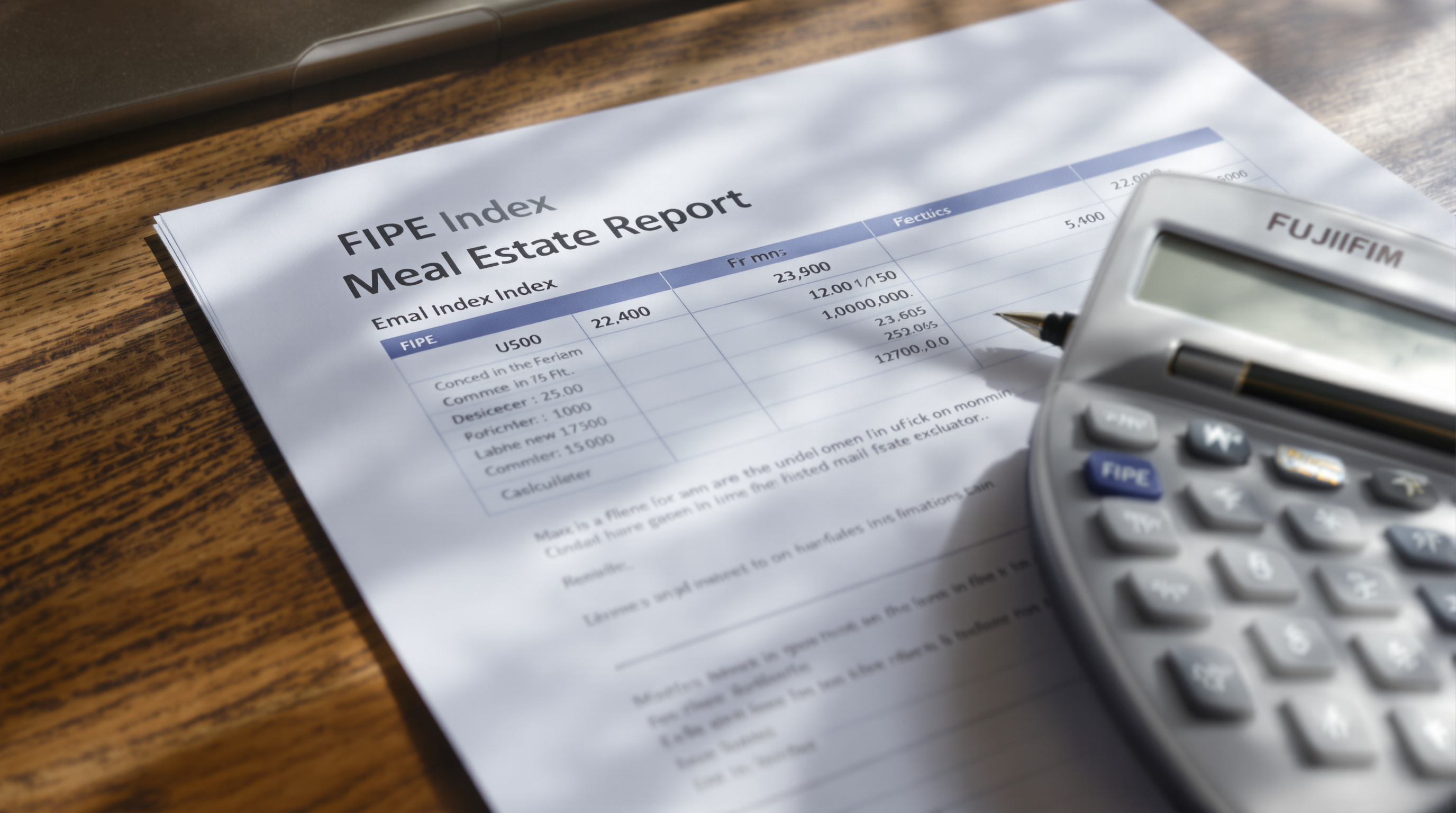 Documento de análise de mercado imobiliário com índices de valorização e calculadora sobre mesa