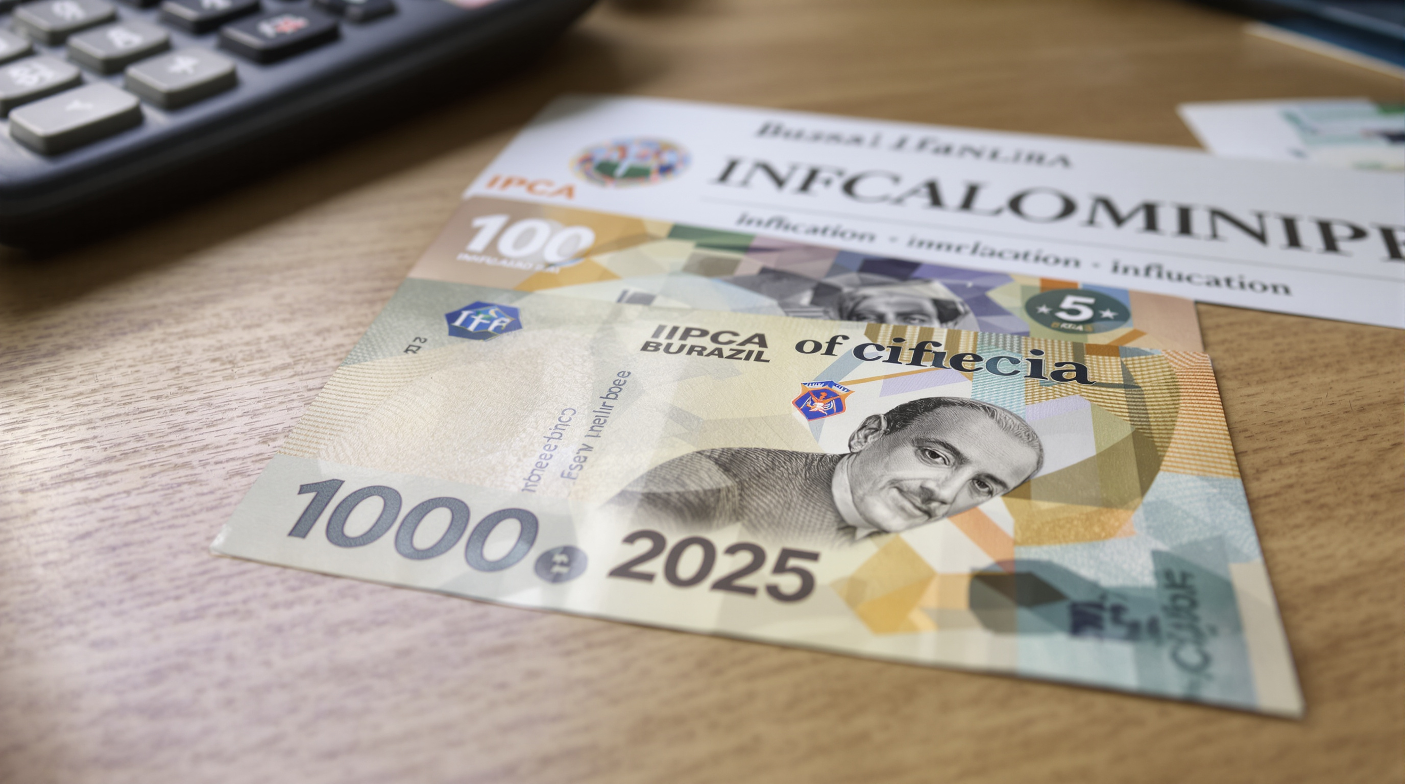Comparação de notas de Real de 1994 e 2025 com calculadora, ilustrando perda de poder de compra pela inflação