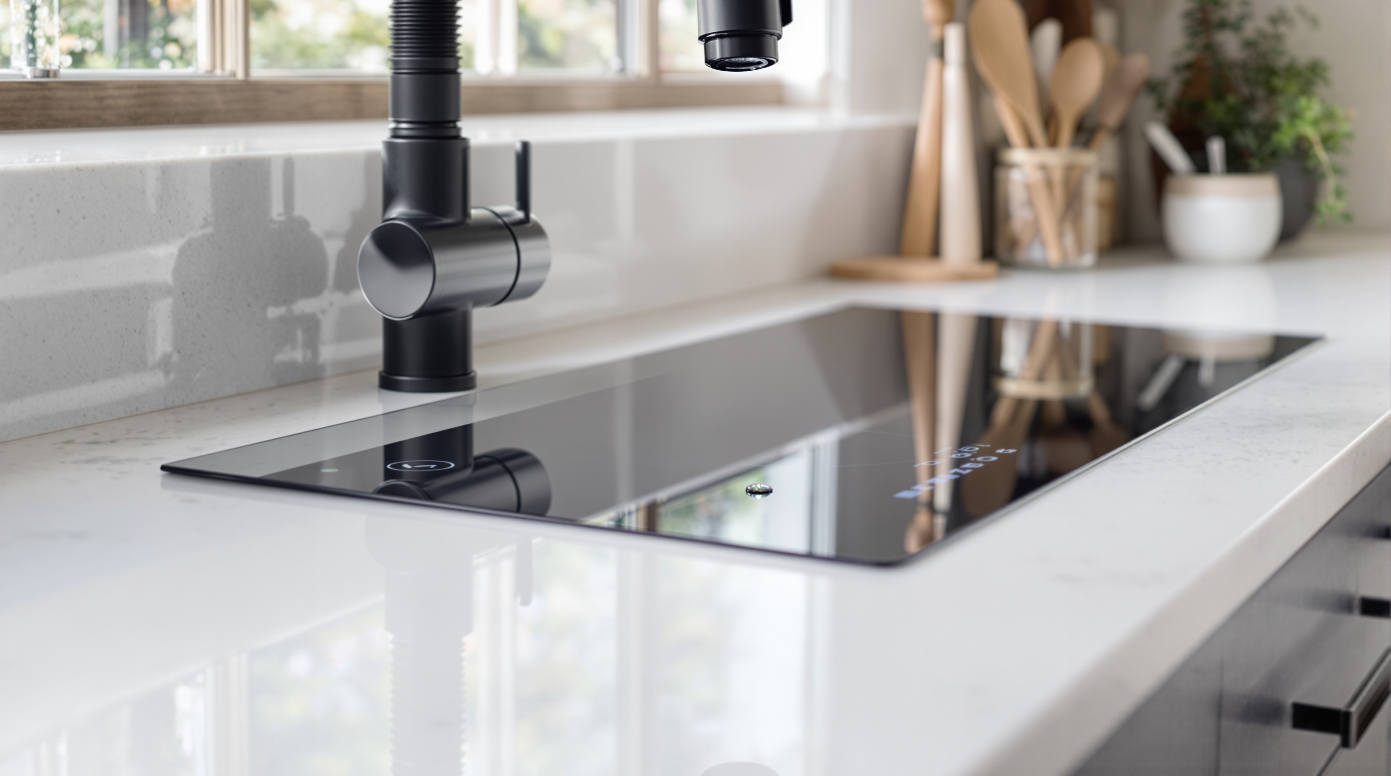 Cozinha com tecnologia inteligente invisível, torneira com sensor, cooktop por indução em design premium de inovação