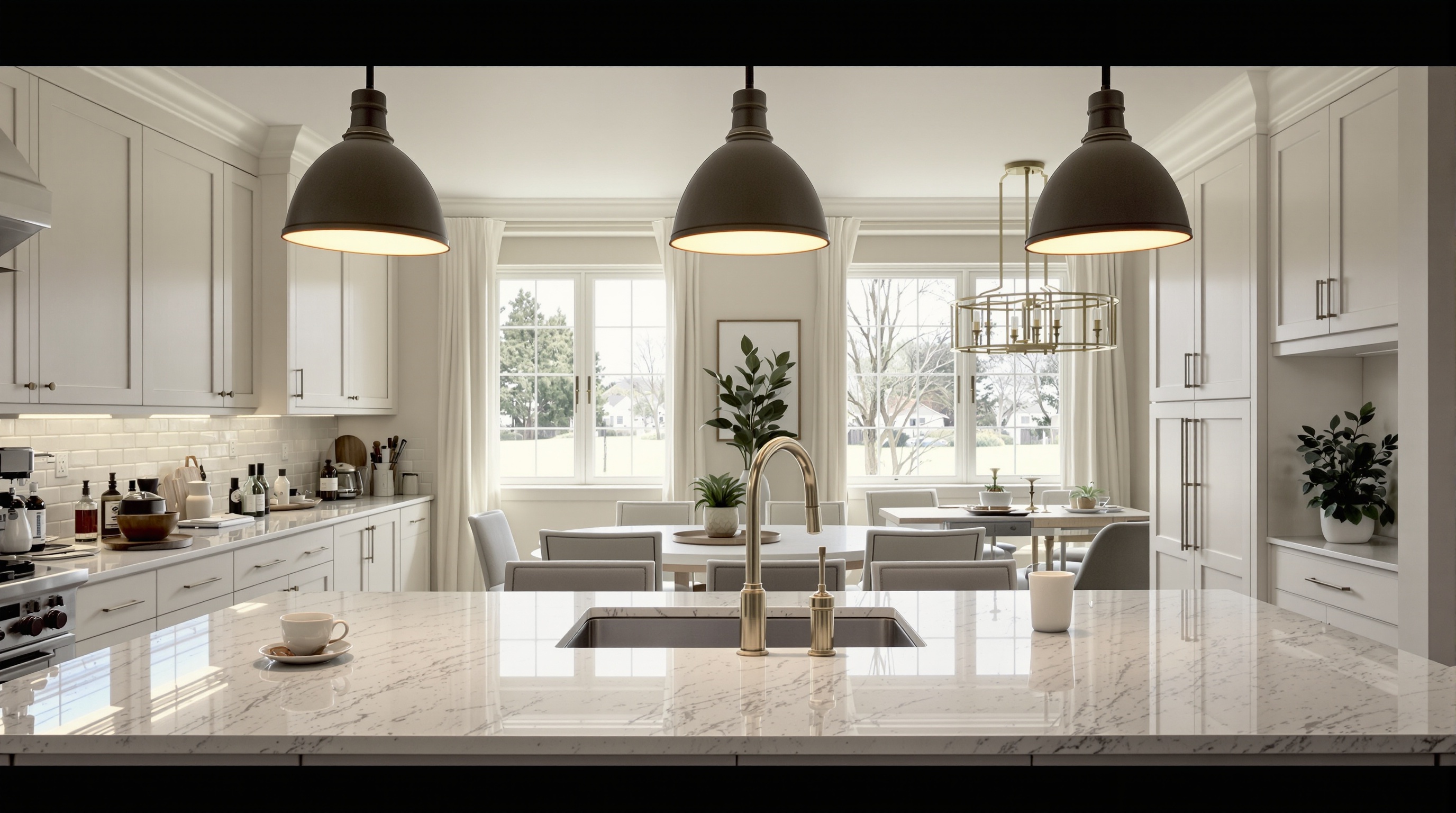 Cozinha americana integrada ao dining area com iluminação natural e design minimalista em residência de luxo