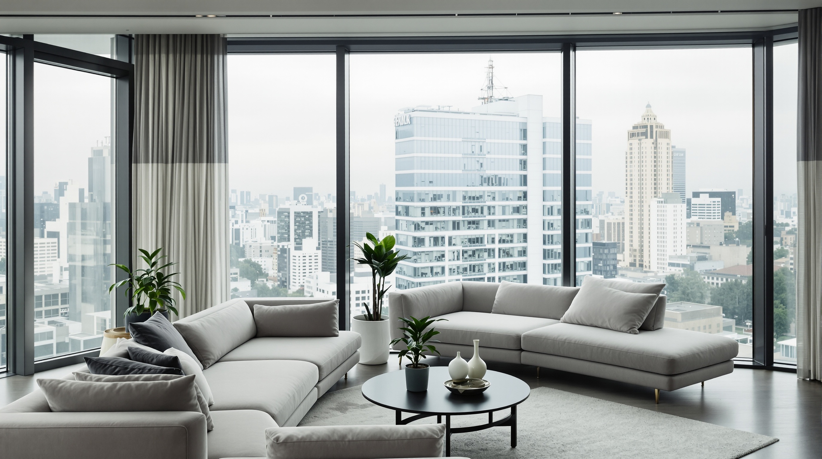 Sala de estar de apartamento de luxo em São Paulo com vista da cidade, luz natural difusa, conceito de luxo invisível.