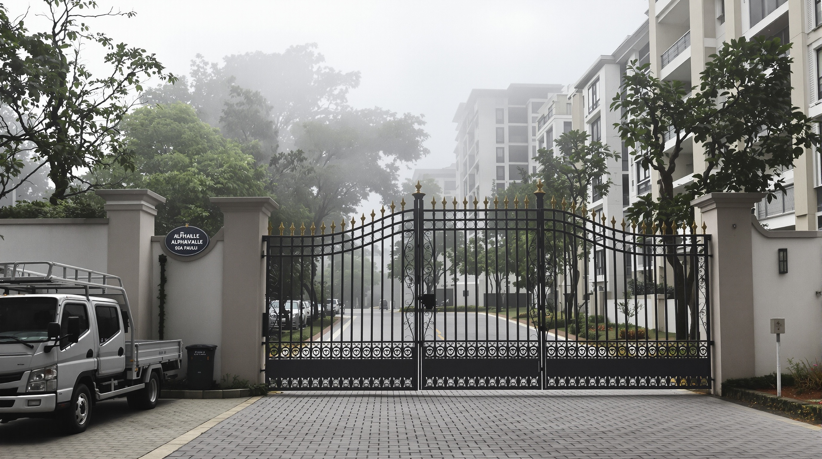 Portaria de condomínio de alto padrão em Alphaville com paisagem matinal, representando investimento em imóveis de luxo 2026.