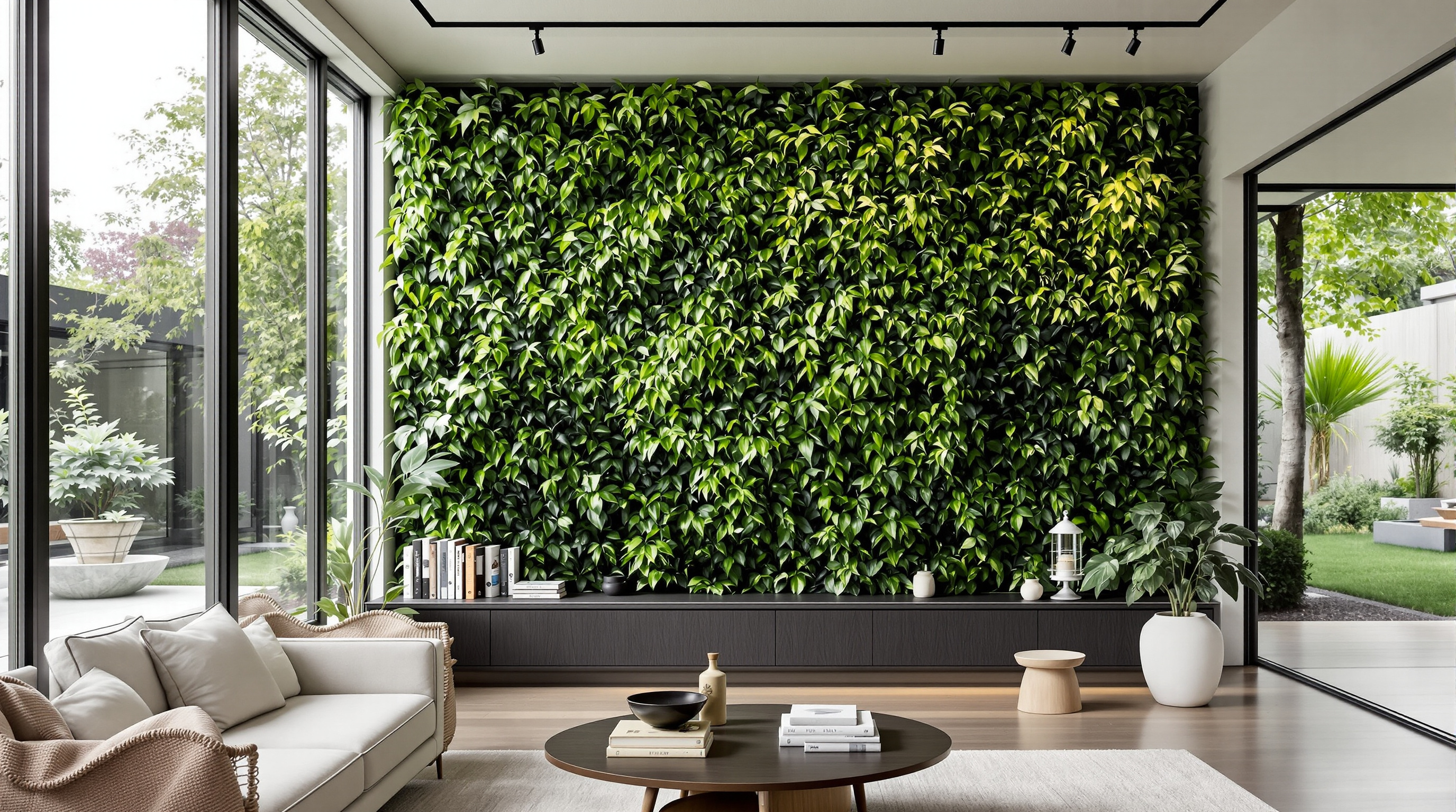 Living luxury com design biofílico, plantas naturais e luz natural otimizada para bem-estar