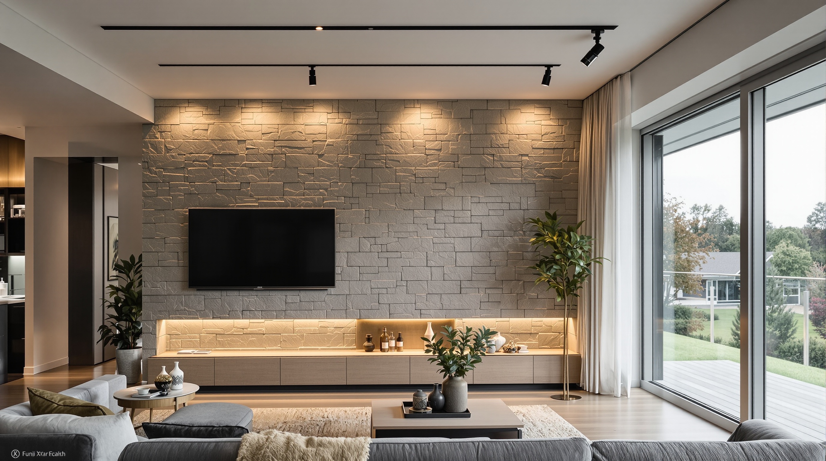 Sala de estar com três camadas de luz de LED em casa: geral, pontual e decorativa integradas ao design