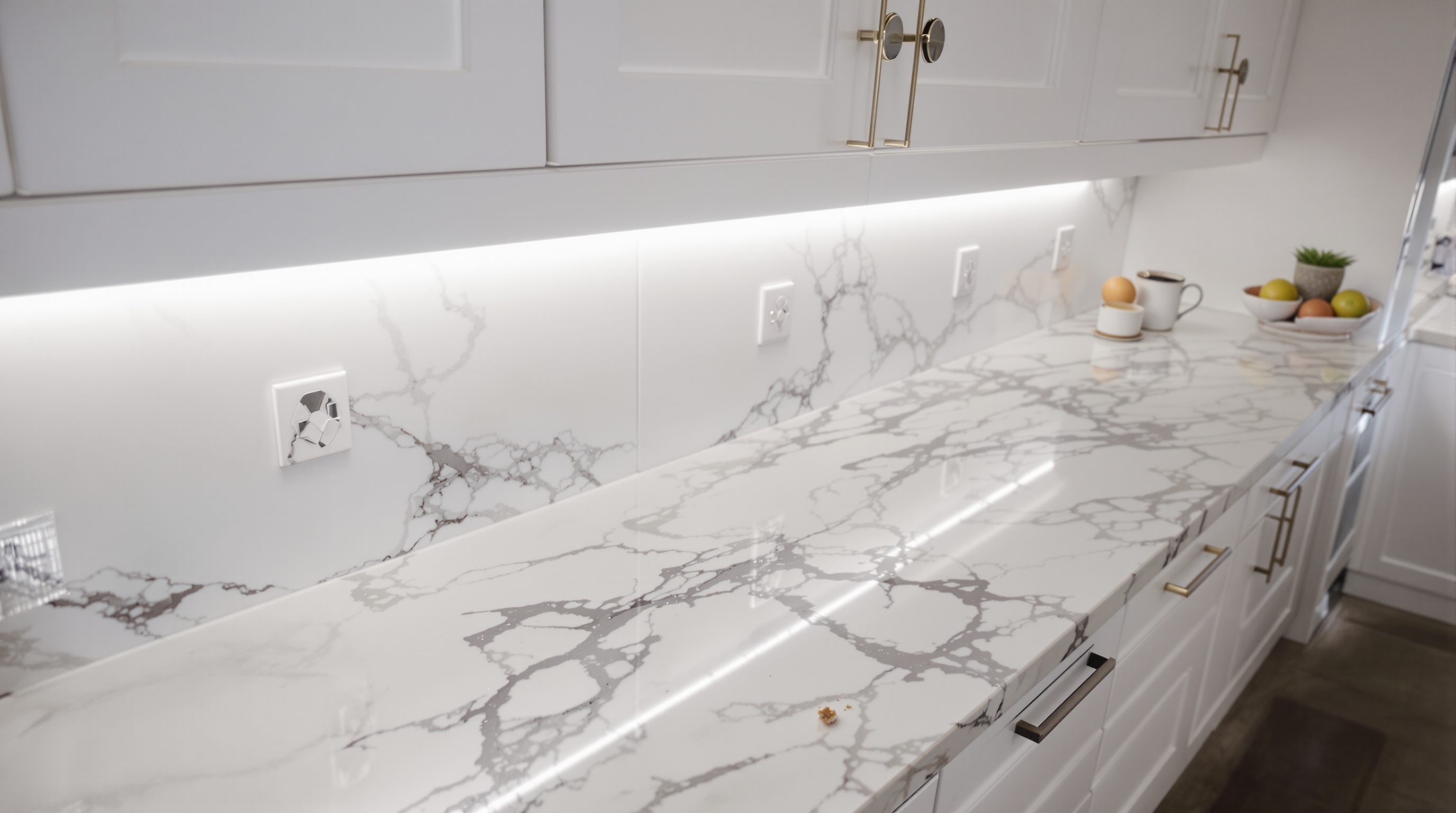 Fita de LED integrada em marcenaria de cozinha com luz de qualidade CRI alto para lâmpadas e alimentos