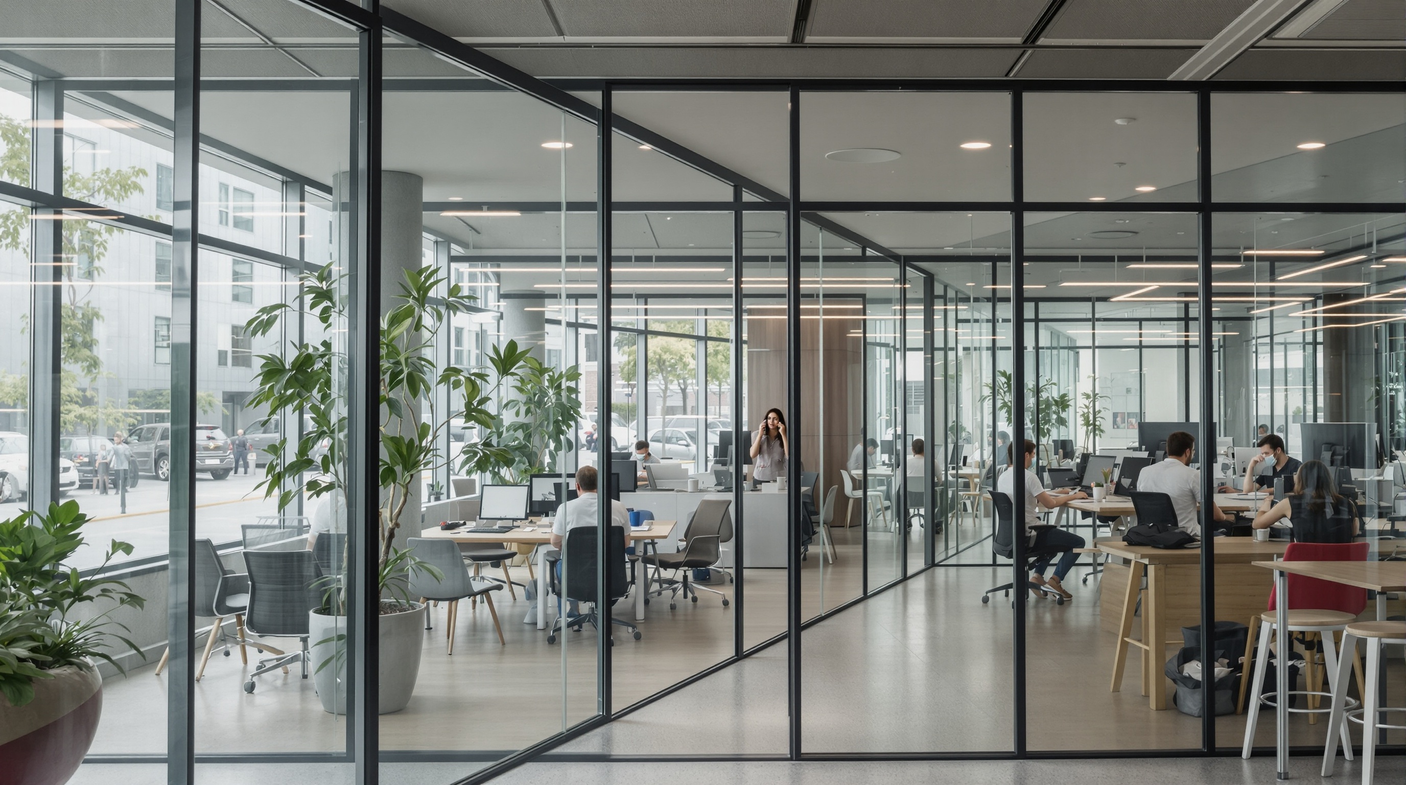 Espaço de inovação corporativa em Alphaville com equipes de startups colaborando