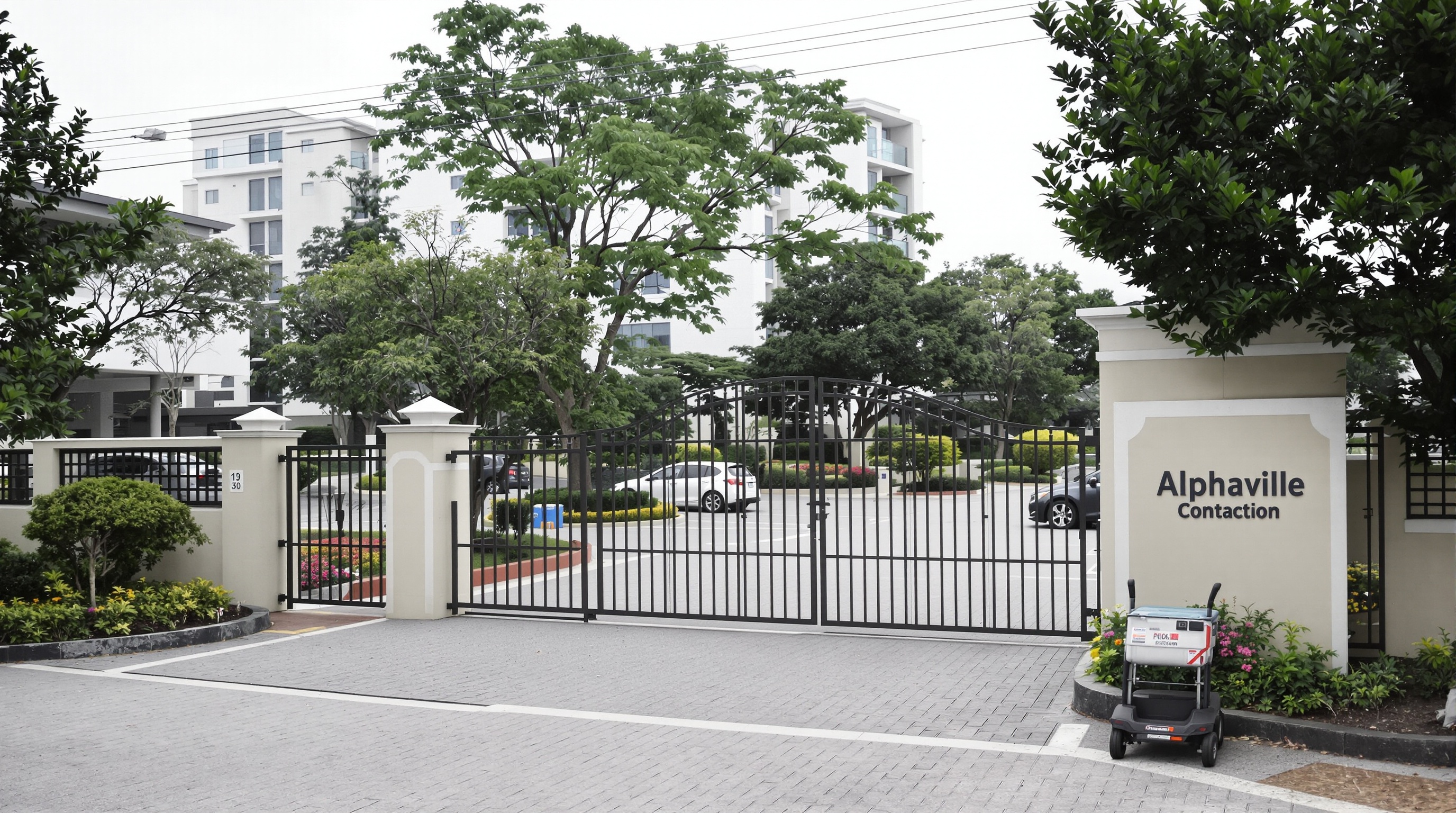 Entrada de condomínio residencial de alto padrão em Alphaville com segurança estruturada