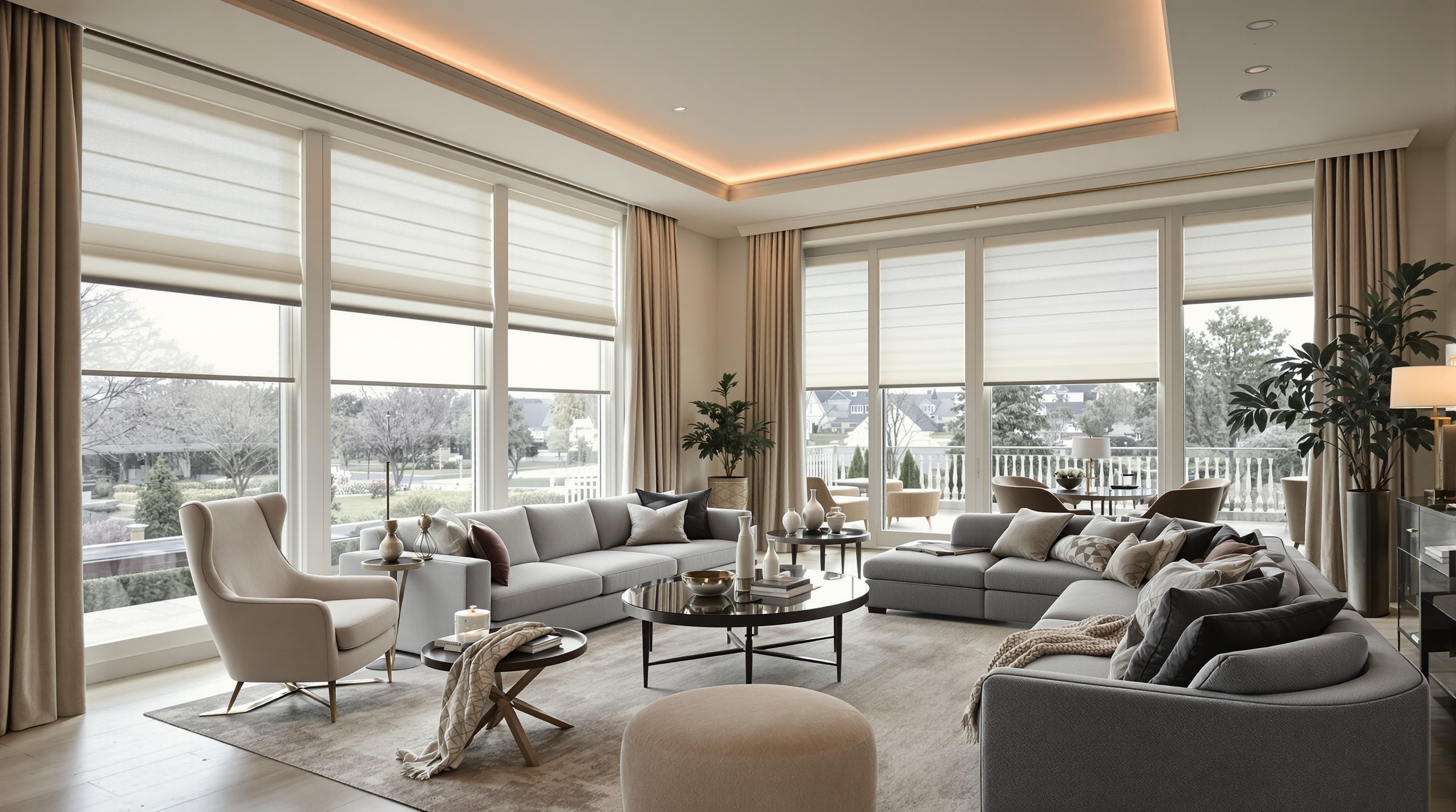 Sala de estar de mansão com automação completa de iluminação e persianas inteligentes, exemplo de tecnologia inovação residencial