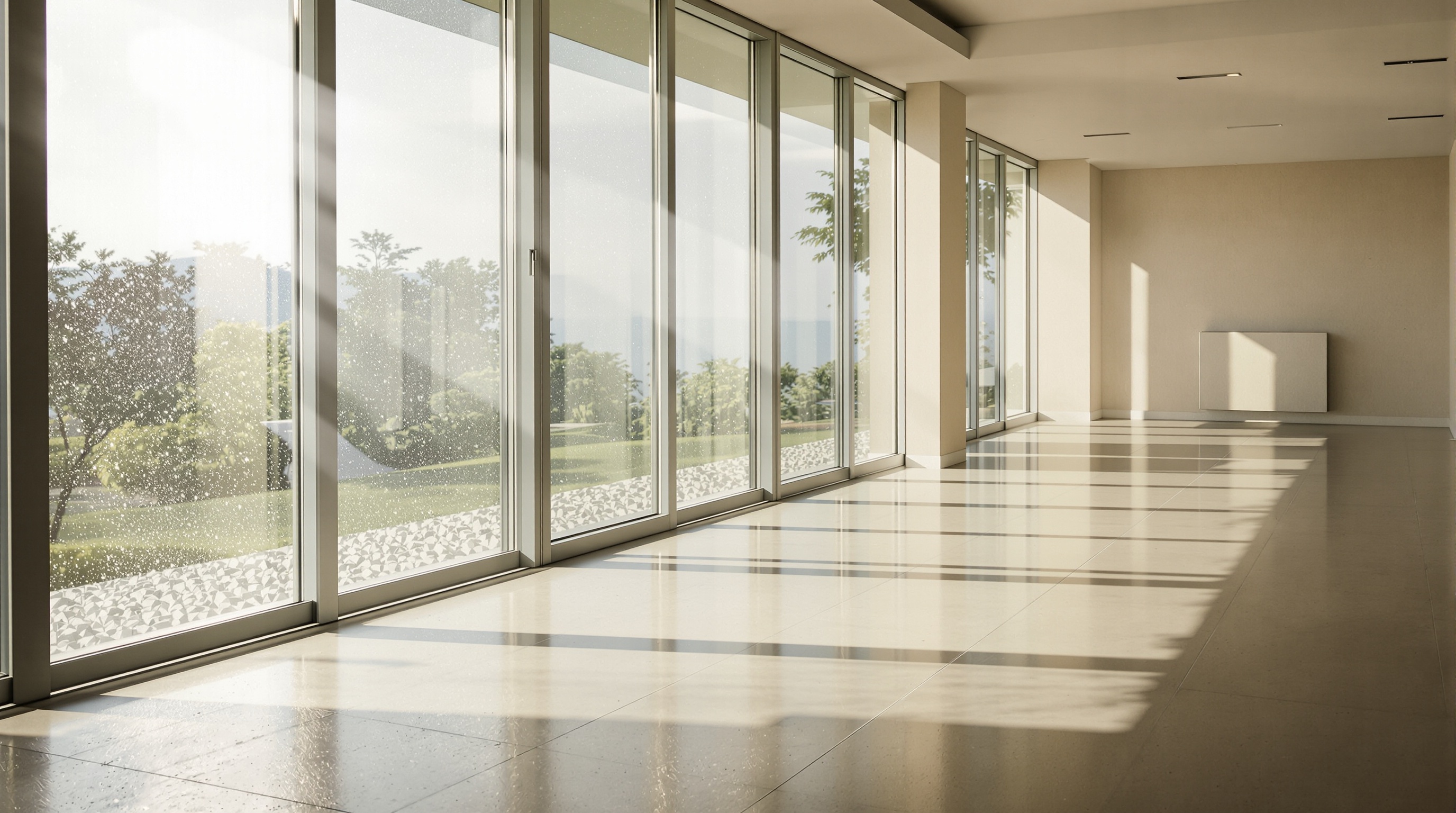 Luz solar natural em varanda de imóvel de luxo durante análise de insolação matinal