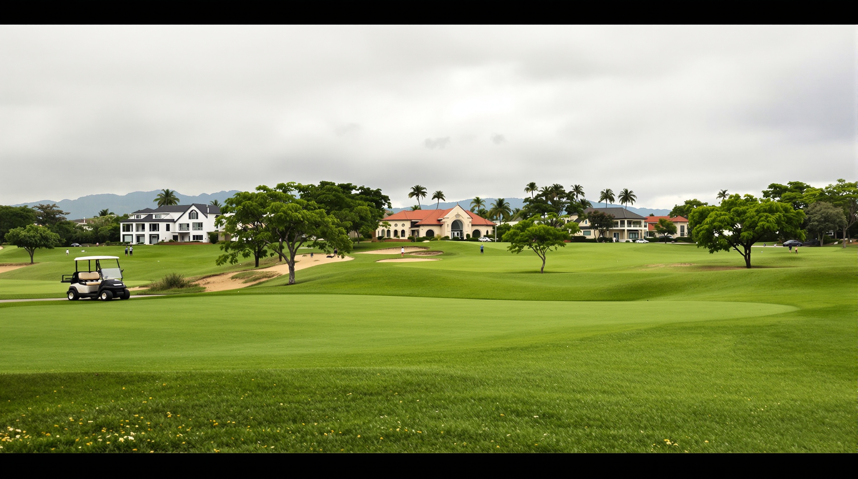 Vista de campos de golfe em Fazenda Boa Vista com casarões de marcas autorais ao fundo