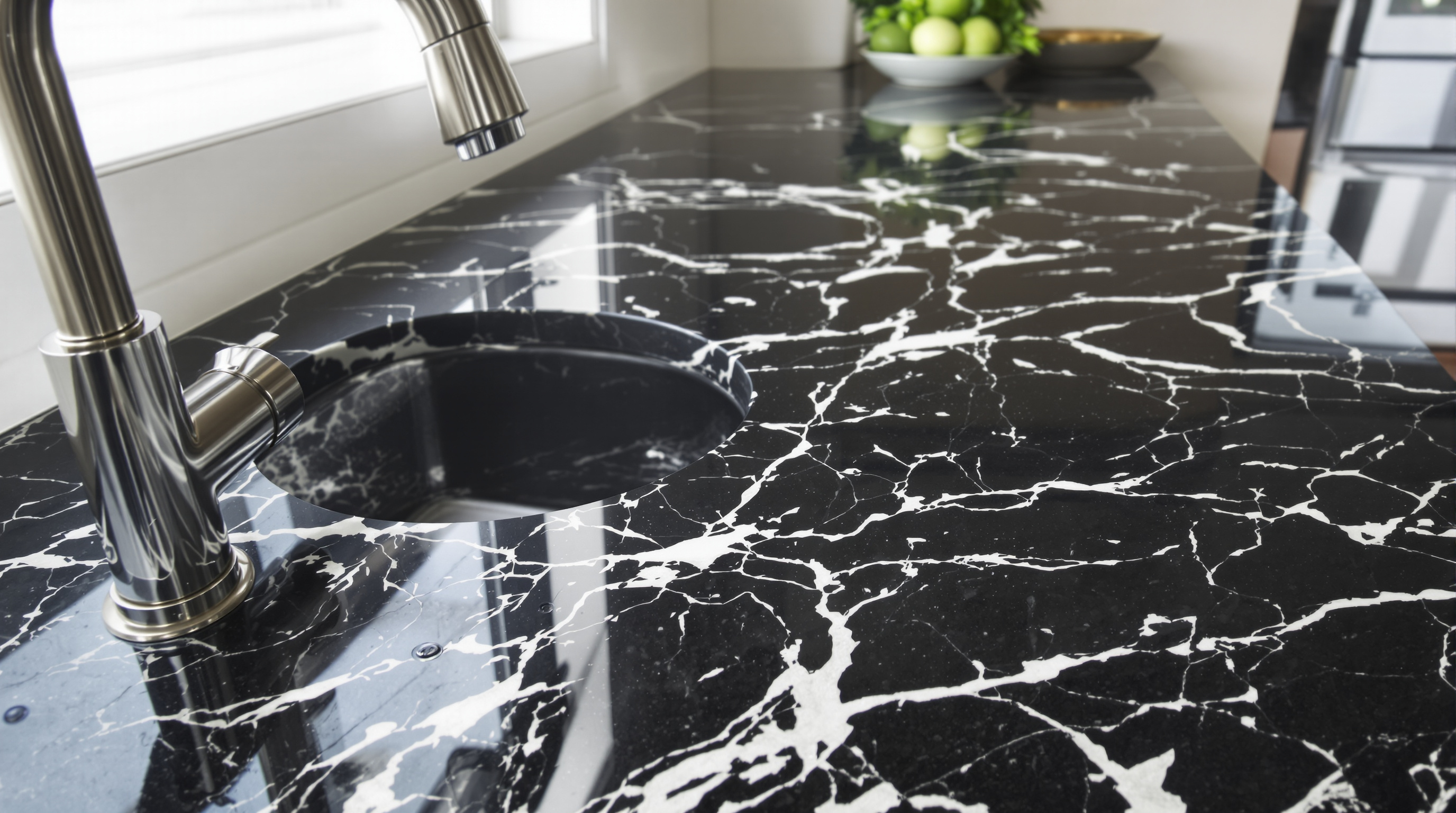 Detalhe de bancada em mármores Nero Marquina preto com veios brancos em cozinha de luxo, superfície polida refletindo luz natural