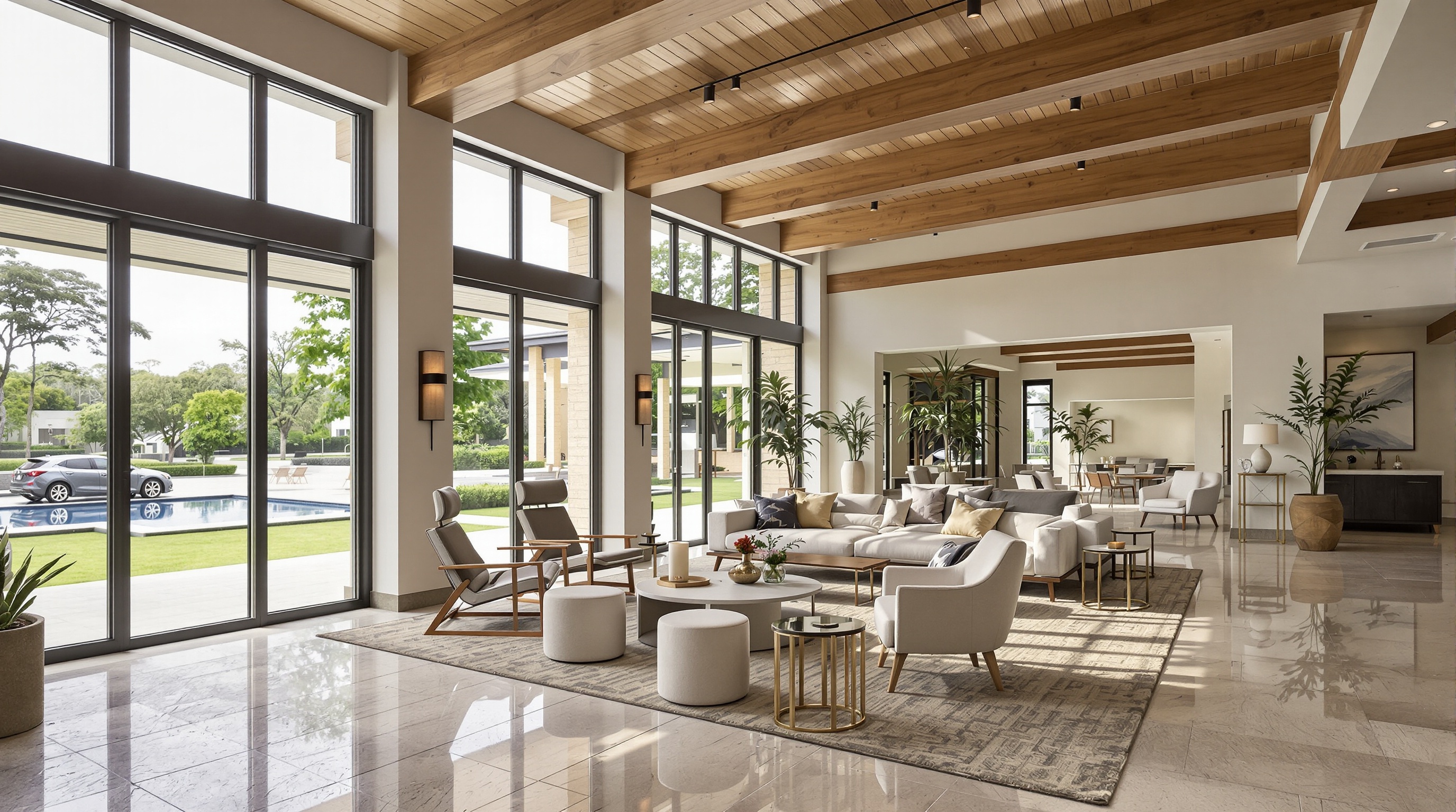 Recepção de clube privado em condomínio de fazenda com acabamento sofisticado, representando infraestrutura dos melhores condominios fazenda sao paulo