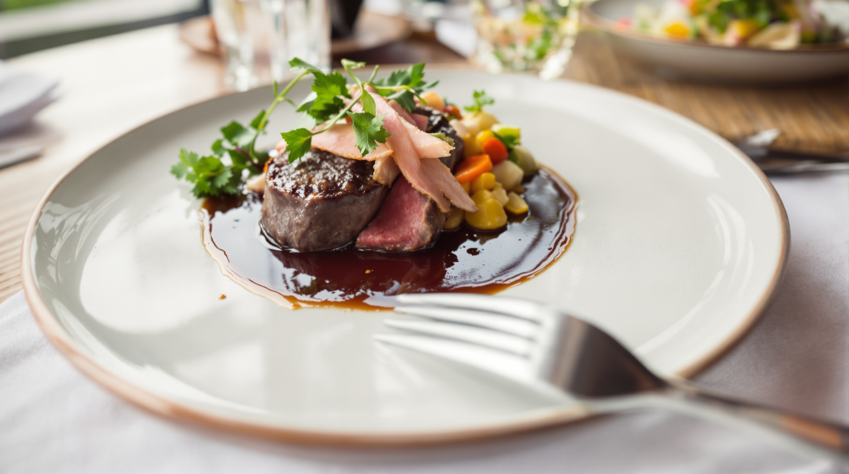 Prato de carne nobre em restaurante de Alphaville, com acompanhamentos sofisticados e luz natural suave