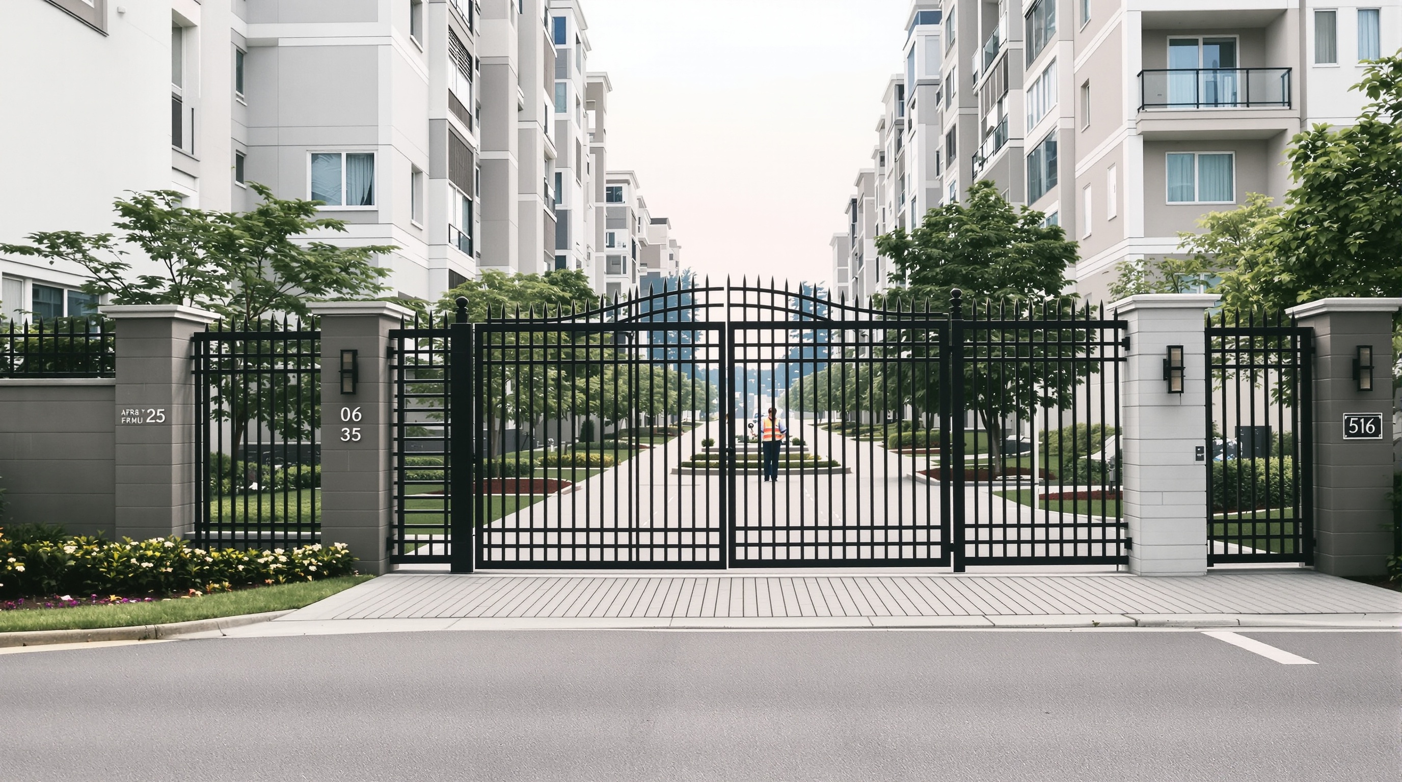 Portaria de condomínio fechado de ultra-luxo em Alphaville com portões modernos e paisagismo