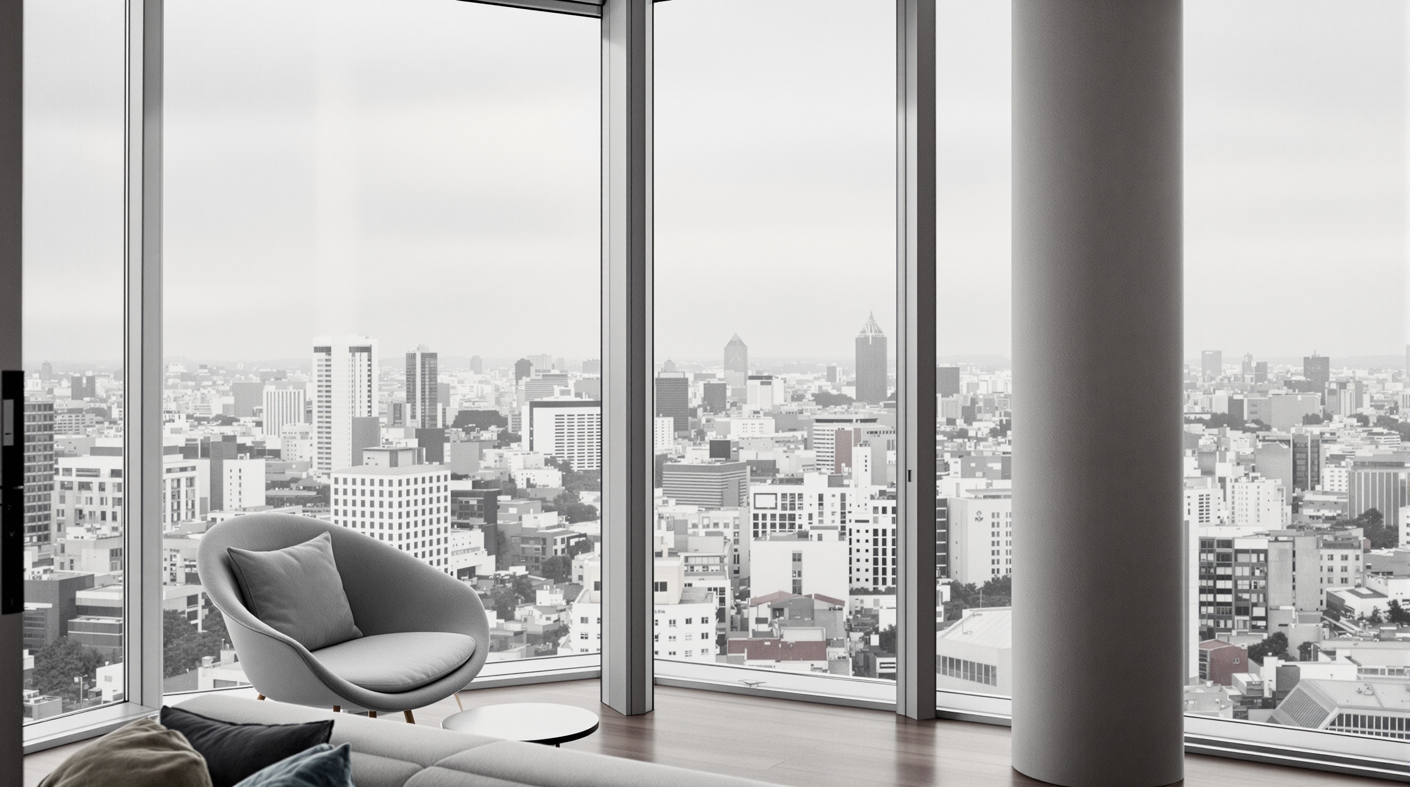 Interior de apartamento de luxo em São Paulo com vista panorâmica da cidade ao fundo