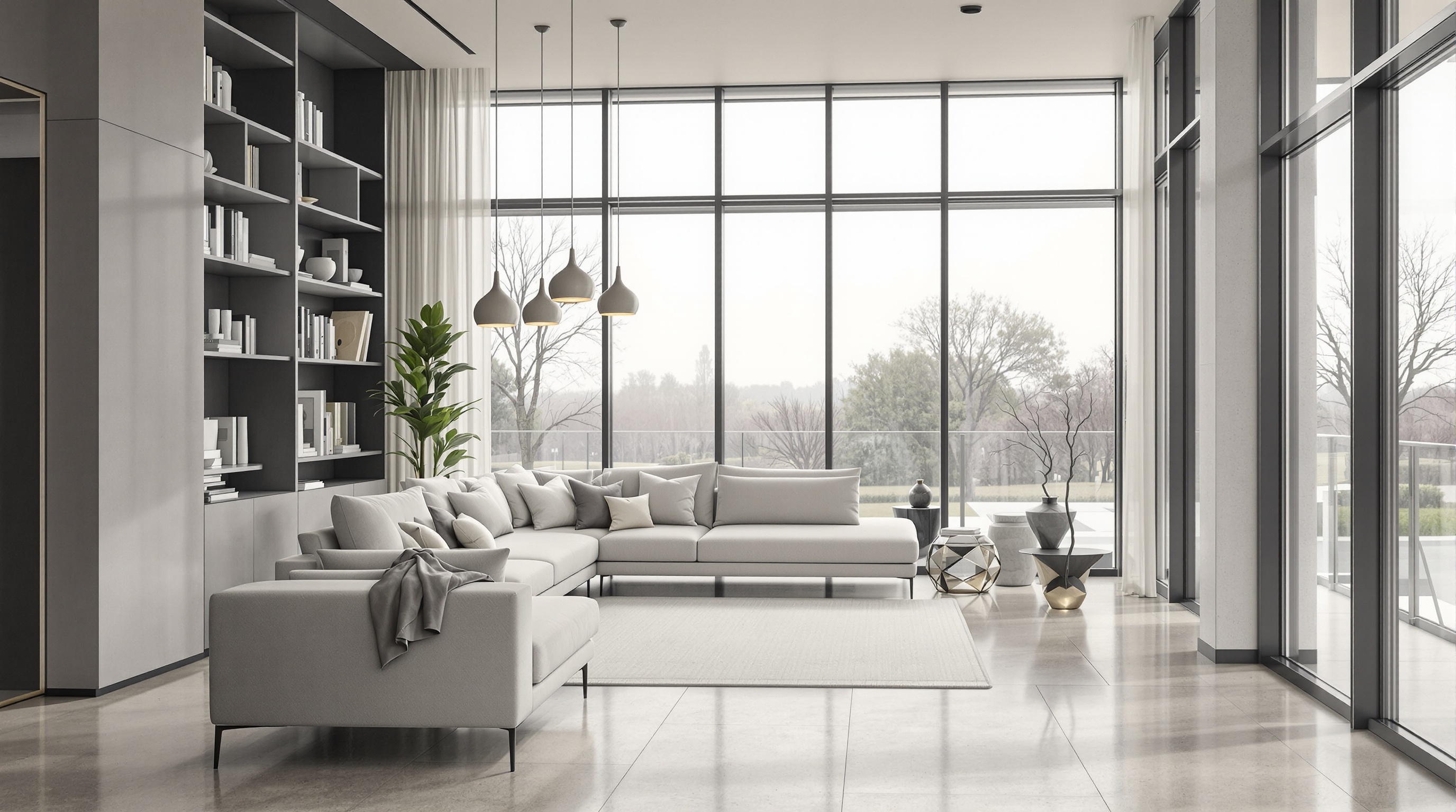 Sala de estar luxuosa em casa no mercado residencial Alphaville 1, com pé-direito duplo e iluminação natural.
