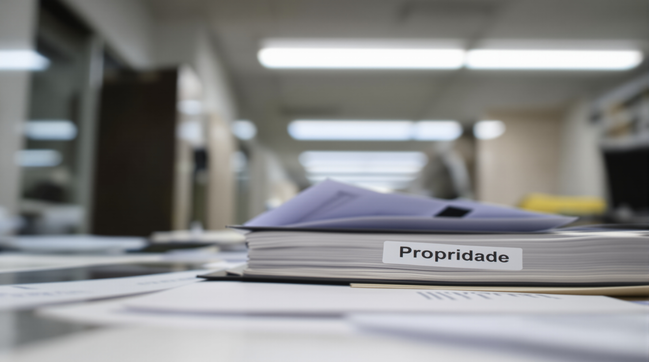 Cartório com documentos de registro de primeiro imóvel e certidão de propriedade