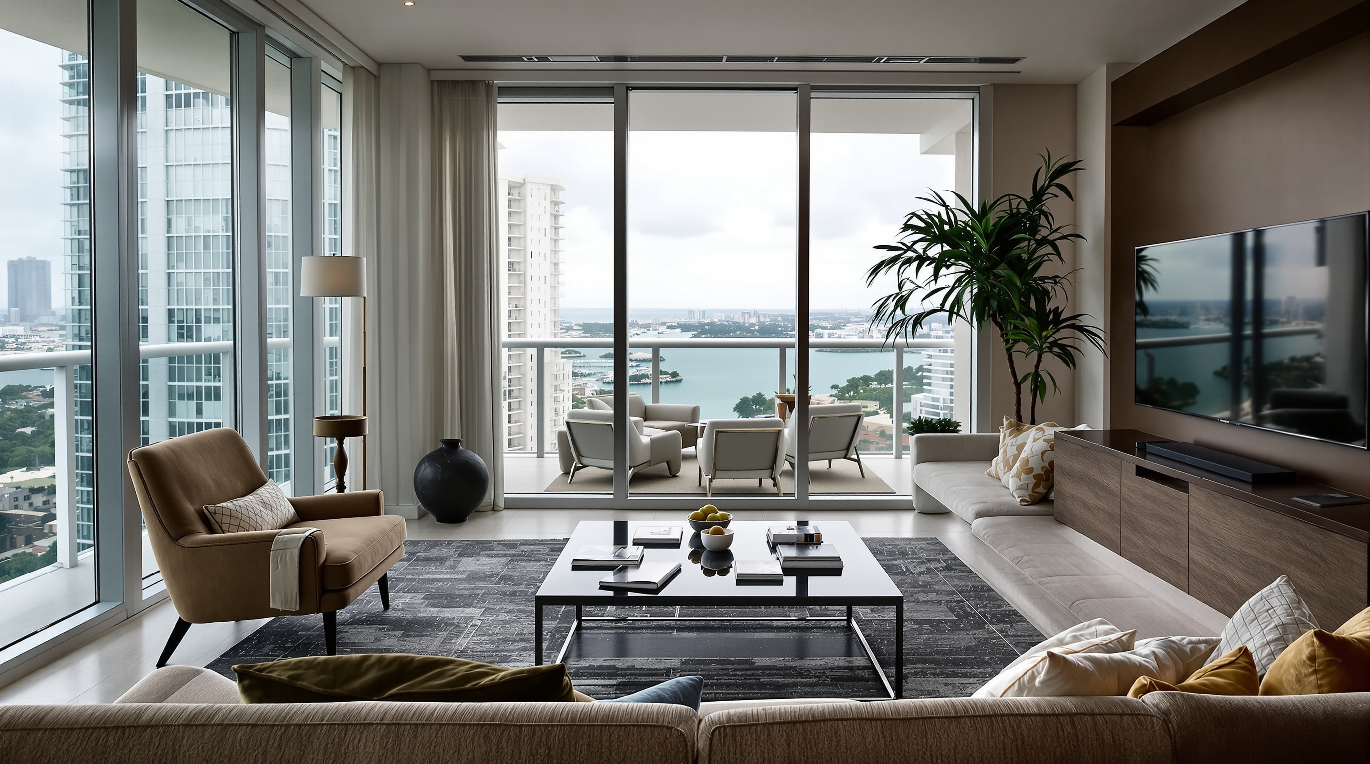 Interior de condomínio de luxo em Miami mostrando eficiência de planta e qualidade construtiva de miami imoveis