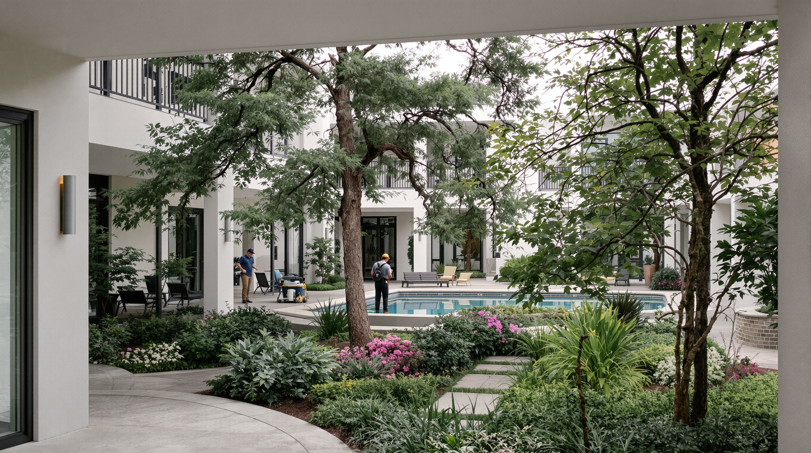 Pátio de condomínio de luxo em Alphaville com jardinagem e amenities de novo conceito