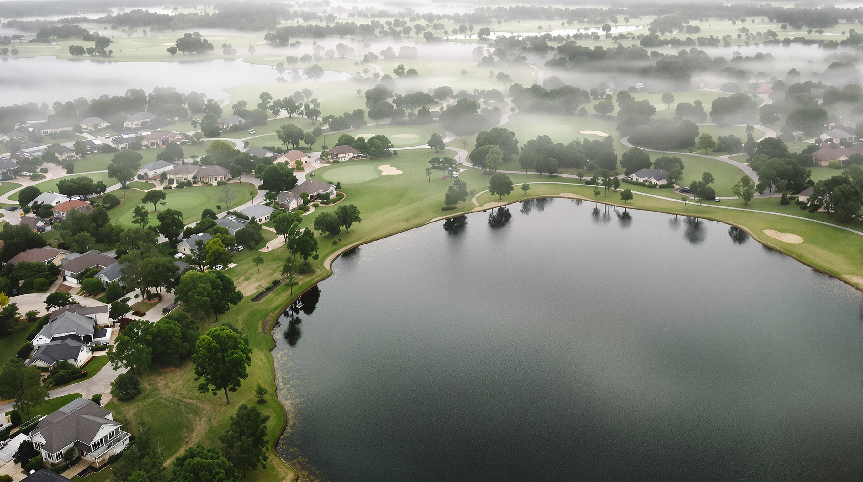 Vista panorâmica de comunidade de ultra-luxo com golf, lago e áreas verdes em Fazenda Boa Vista