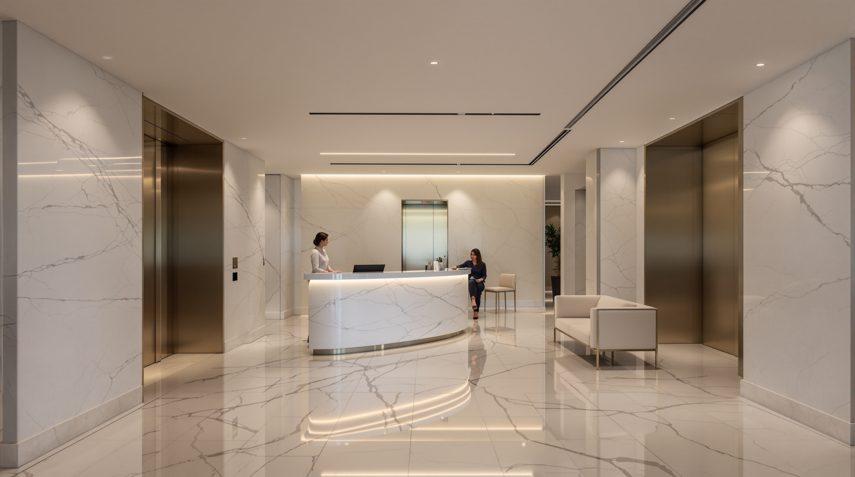 Hall exclusivo de condomínio de ultra-luxo com acesso privado e controle restrito