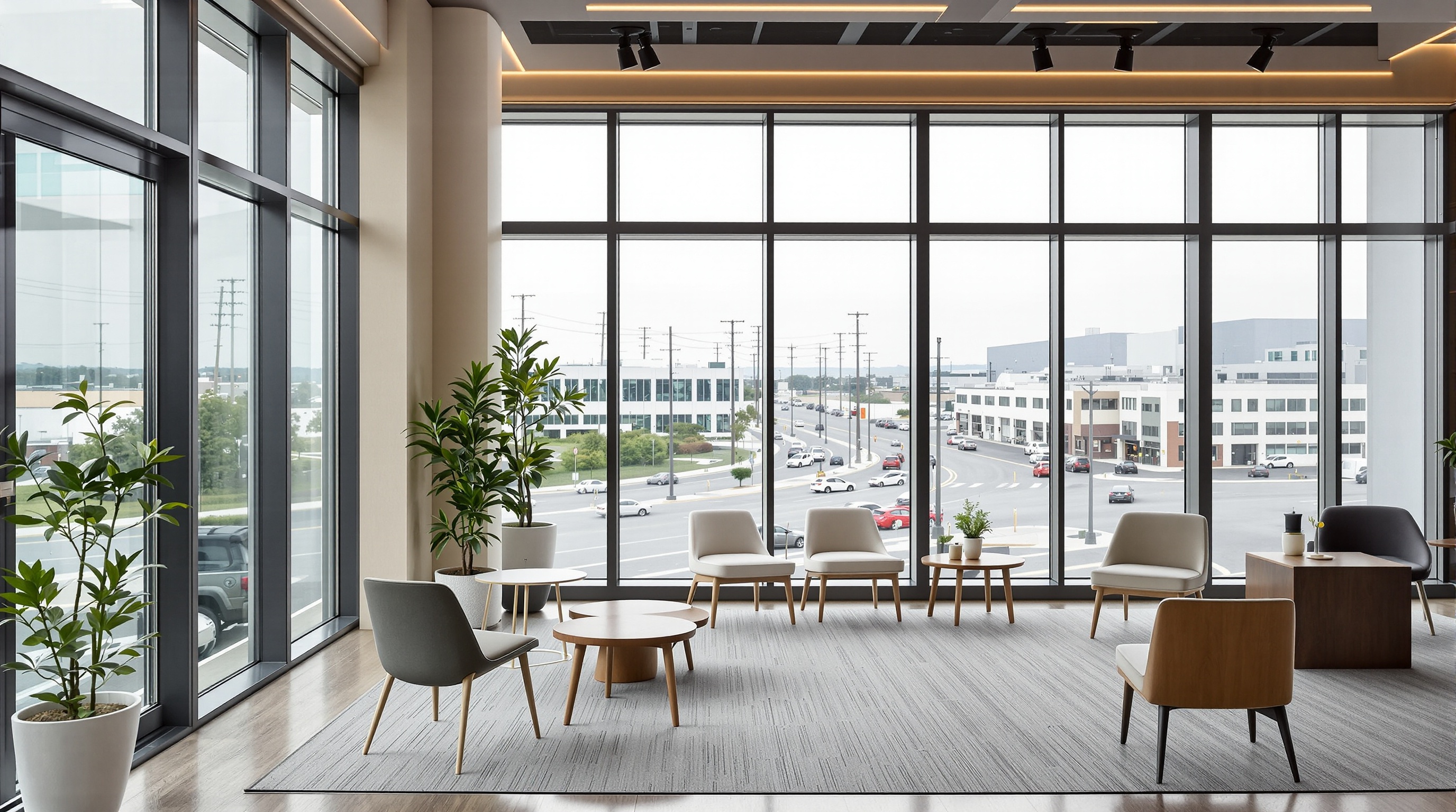 Área de coworking integrada do Oka Mamoré Alphaville com vista para as avenidas corporativas da região