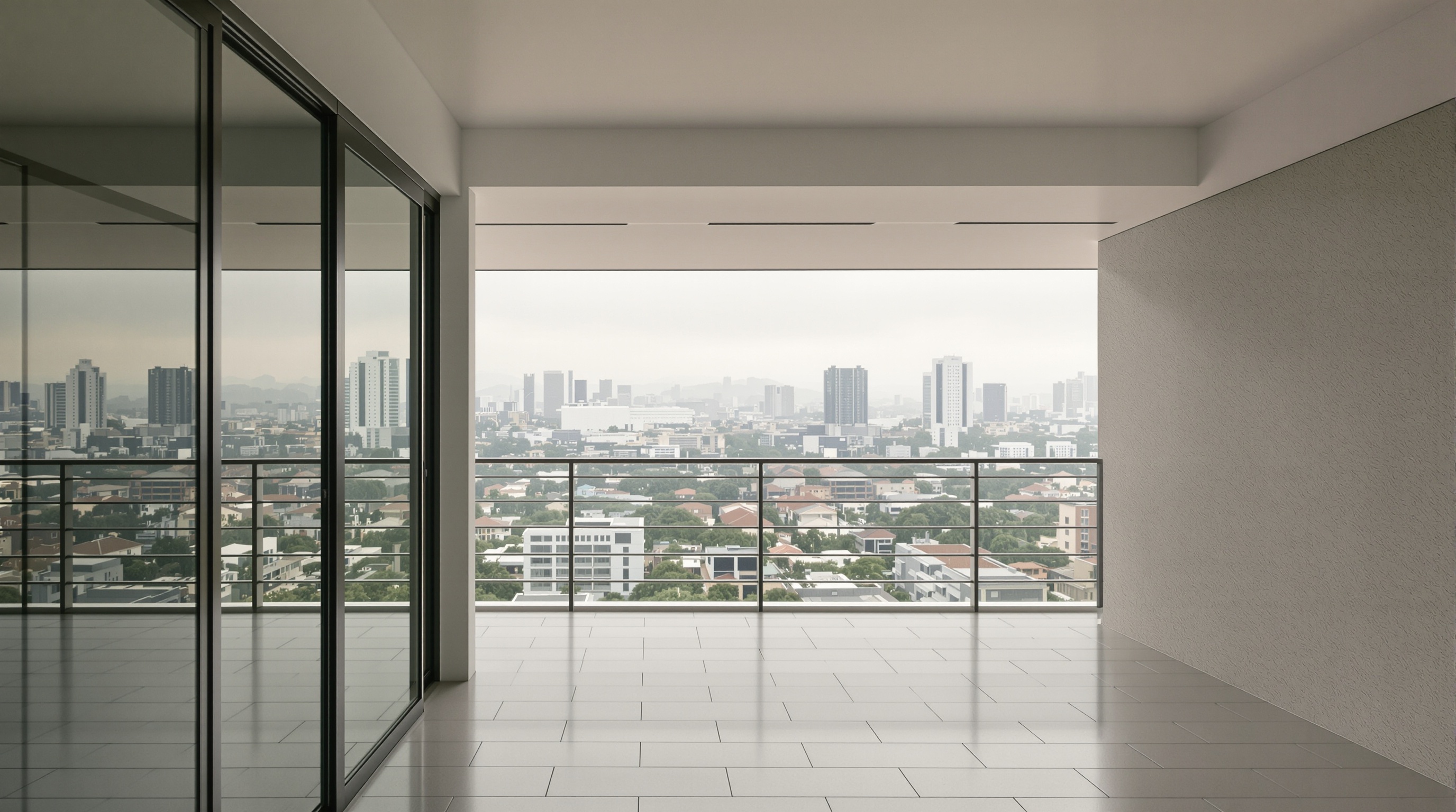 Varanda de apartamento no Oka Mamoré Alphaville com vista do polo corporativo, mostrando vales generosas e luz natural