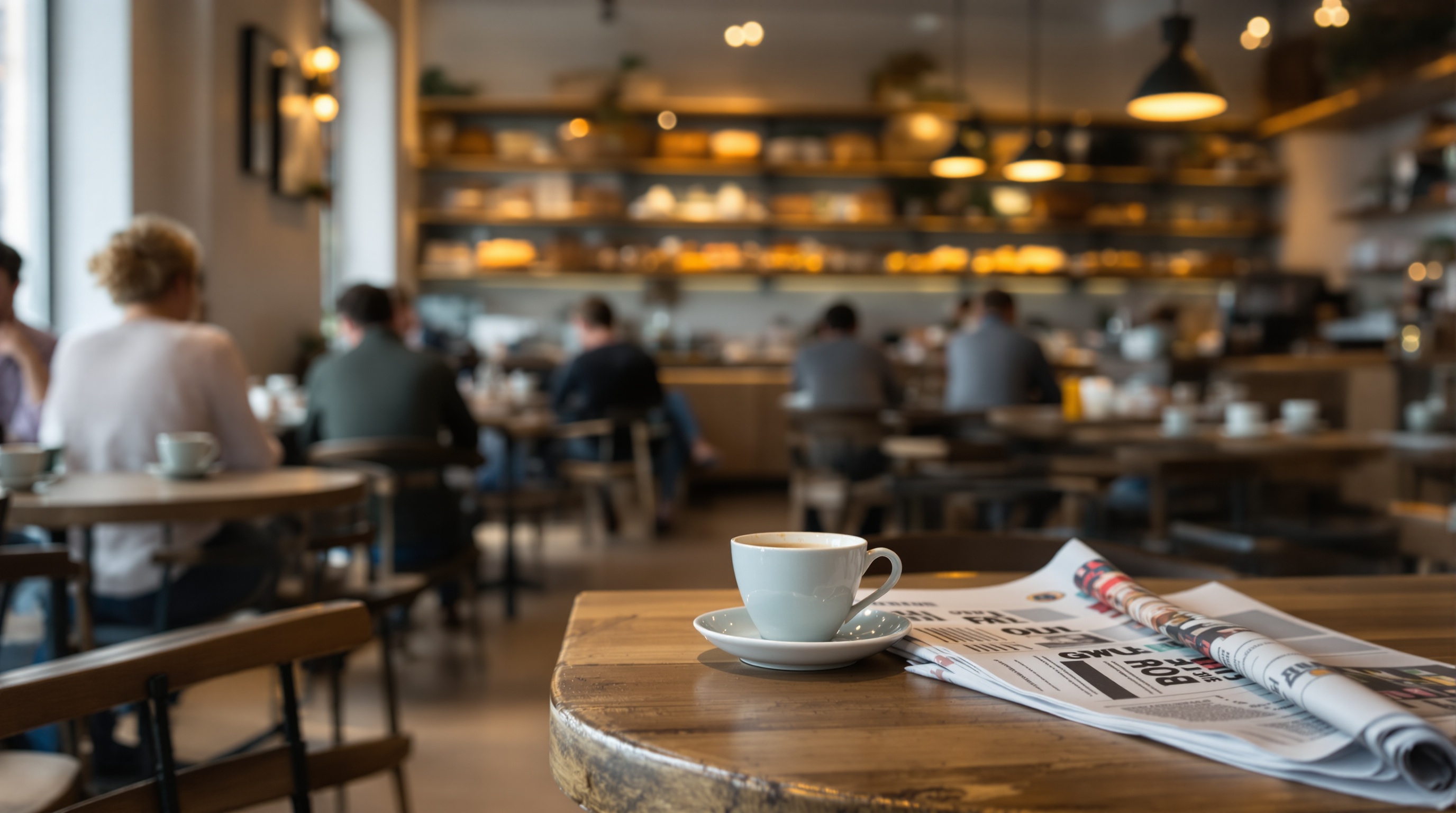 Interior de padaria em Alphaville com mesas de café e pães artesanais ao fundo