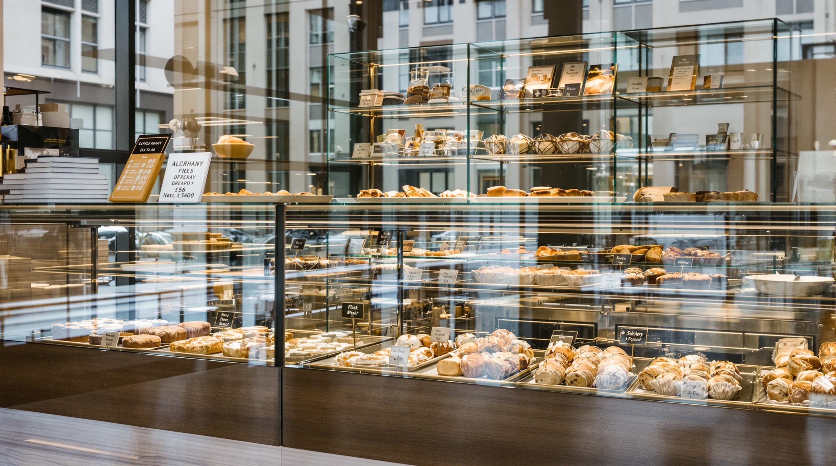 Vitrine de padaria premium em Alphaville com variedade de pães e doces portugueses