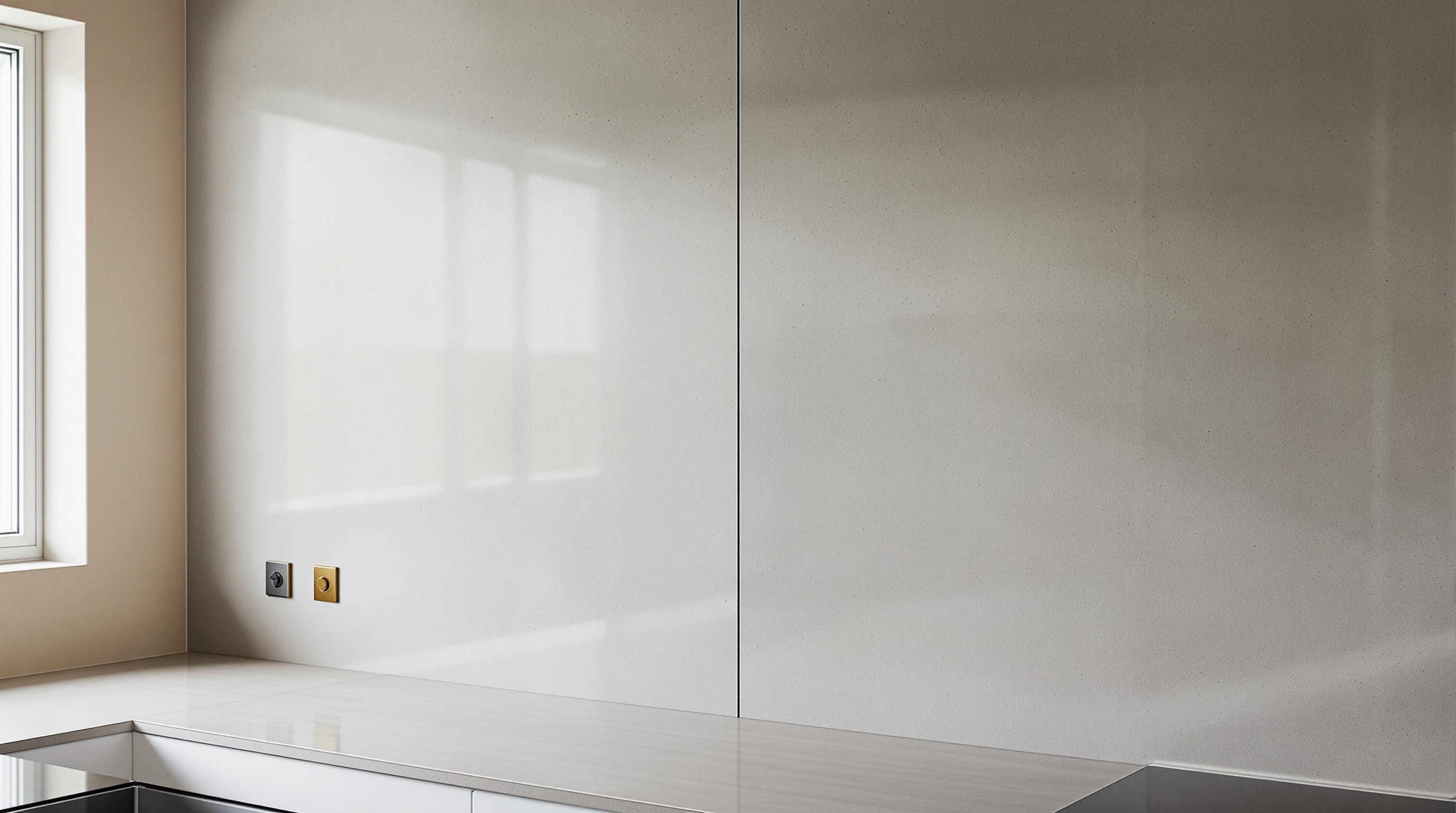 Detalhe de painel microcimento cinza com acabamento fosco em cozinha integrada com living moderno