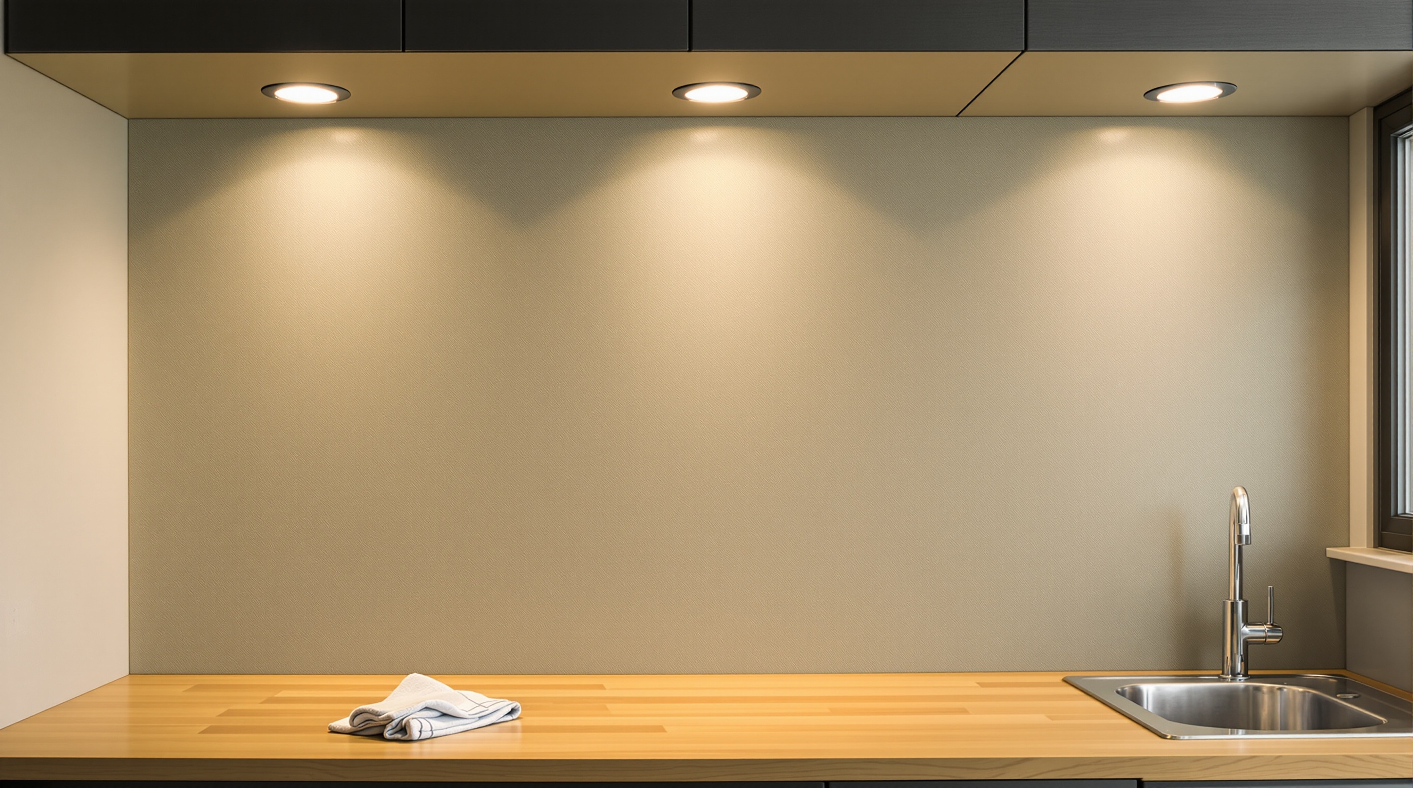 Cozinha com painel vinílico texturizado em verde oliva com bancada de madeira e iluminação cênica discreta