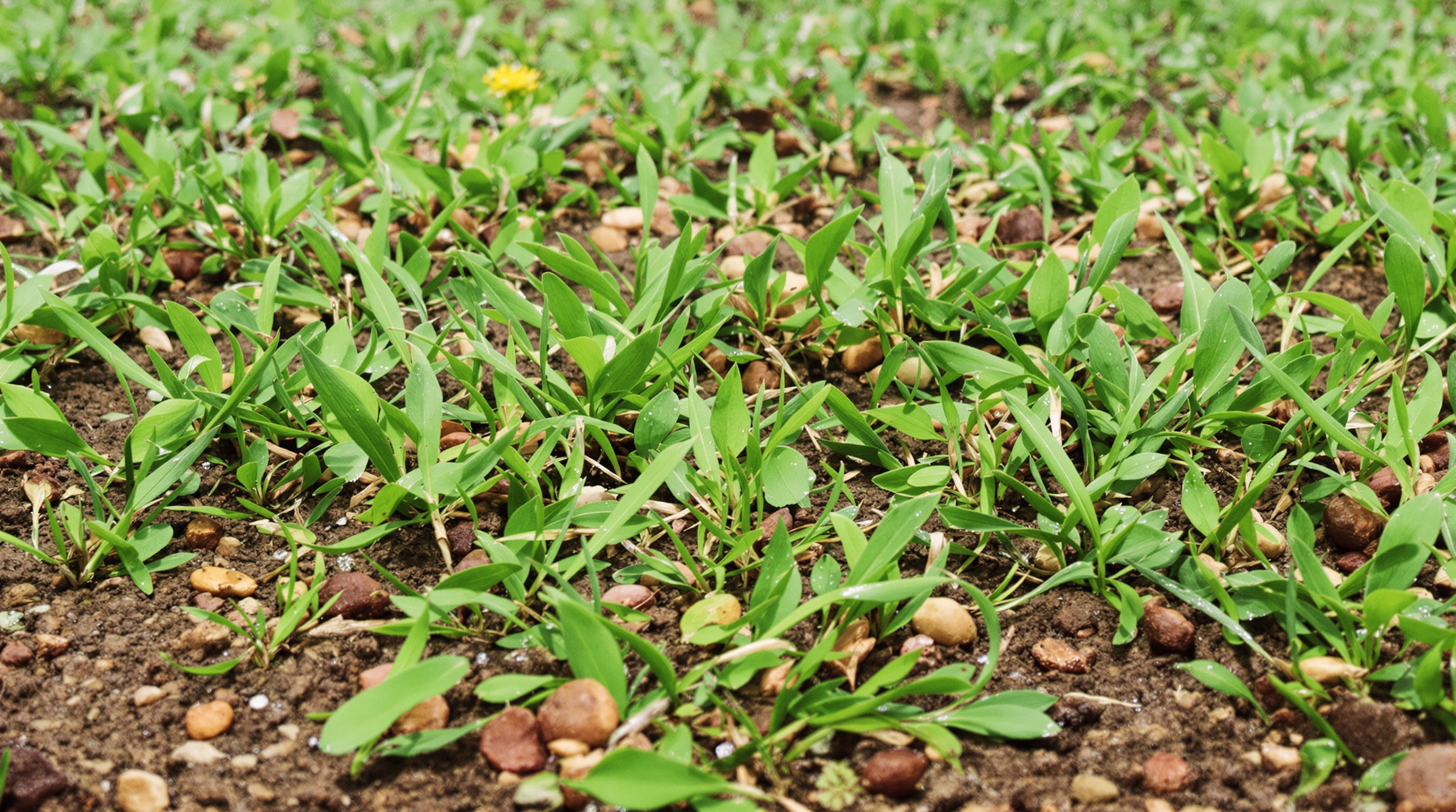 Detalhe de cobertura de solo em grama-amendoim com plantas aromáticas distribuídas naturalmente