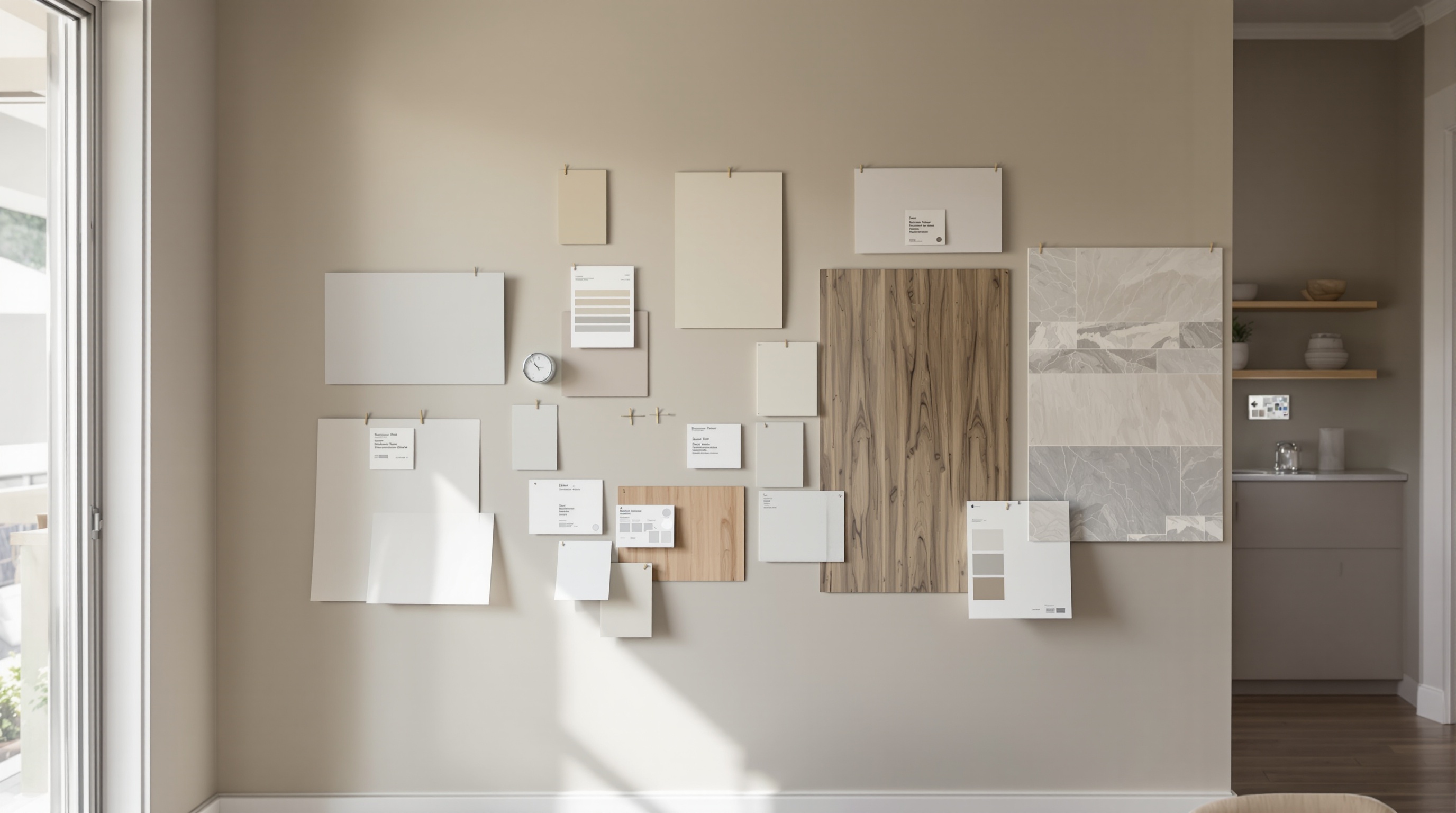 Amostras de paleta de cores neutra em parede de casa de luxo em Alphaville, com tons off-white, greige e bege posicionadas junto a amostras de piso e pedra