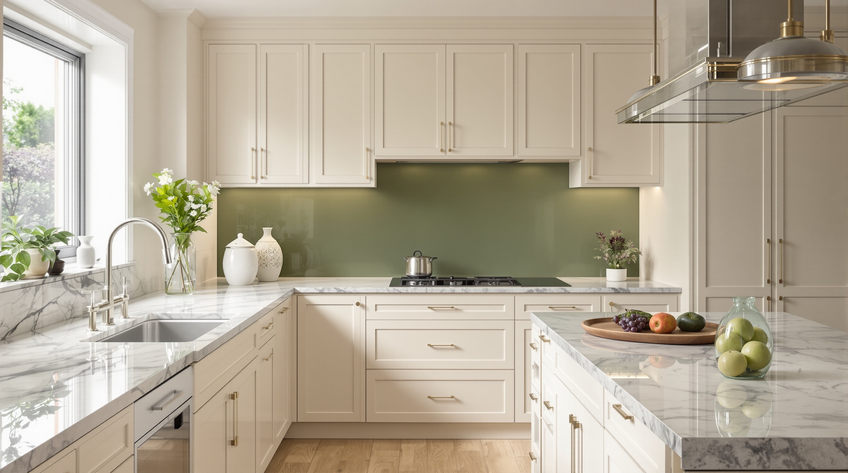 Paleta de cores em cozinha de imóvel de luxo em Tamboré: armários creme, mármore cinzento e painel verde profundo
