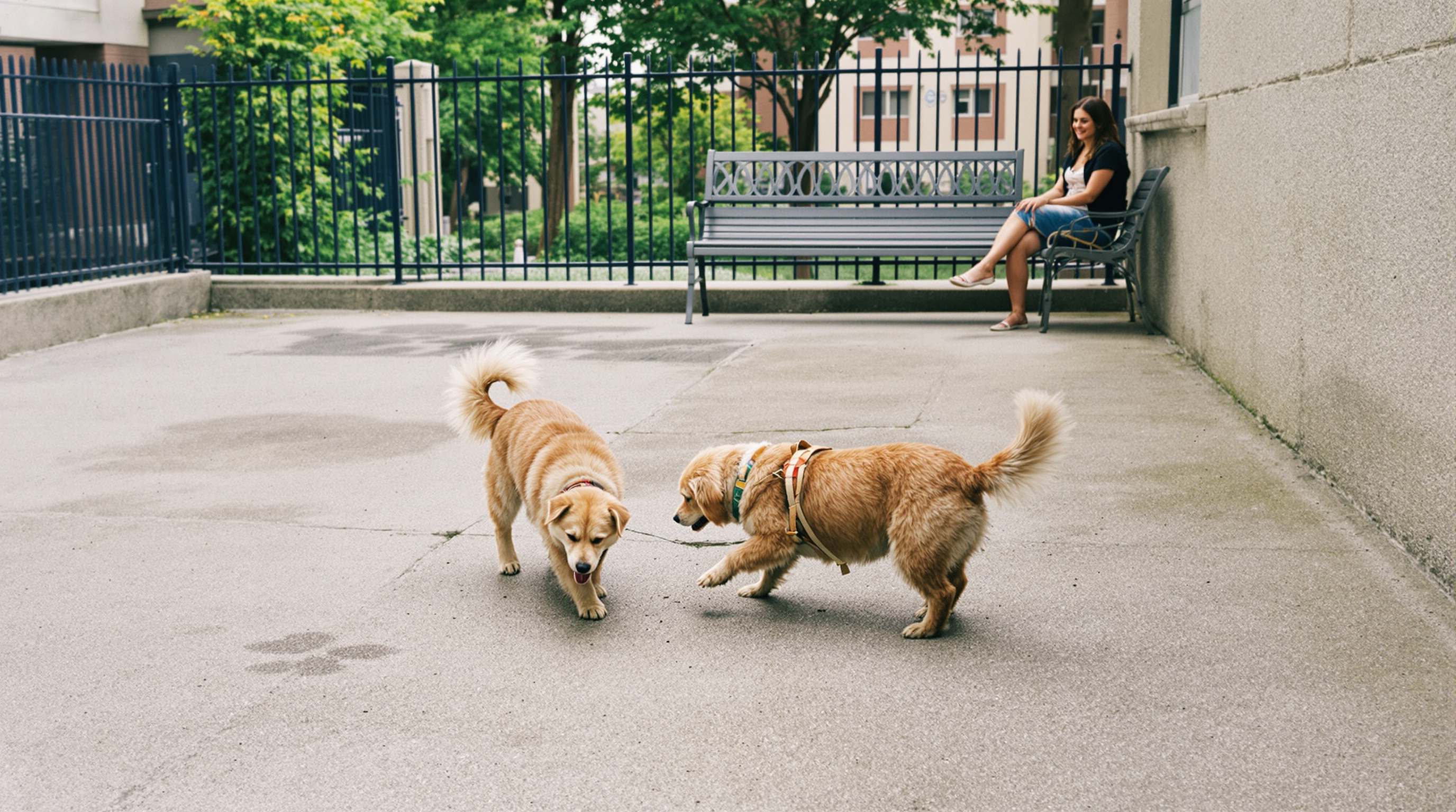 Cães brincando em pet place de condomínio com tutora supervisionando ao fundo