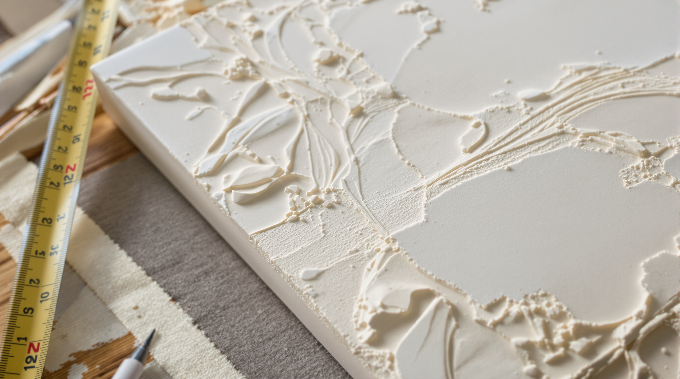 Detalhe de pintura escultural em gesso manual sobre tela, com alto-relevo tátil e acabamento artesanal