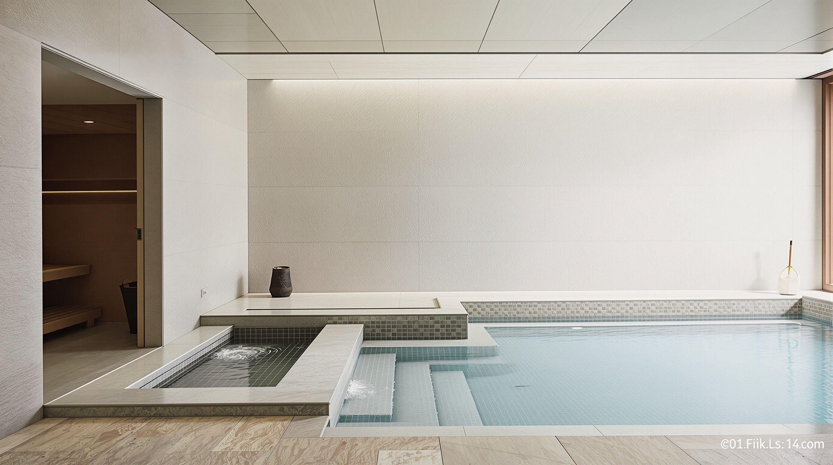 Espaço de wellness integrado à piscina de luxo com sauna, aquecimento e acabamentos em pedra natural
